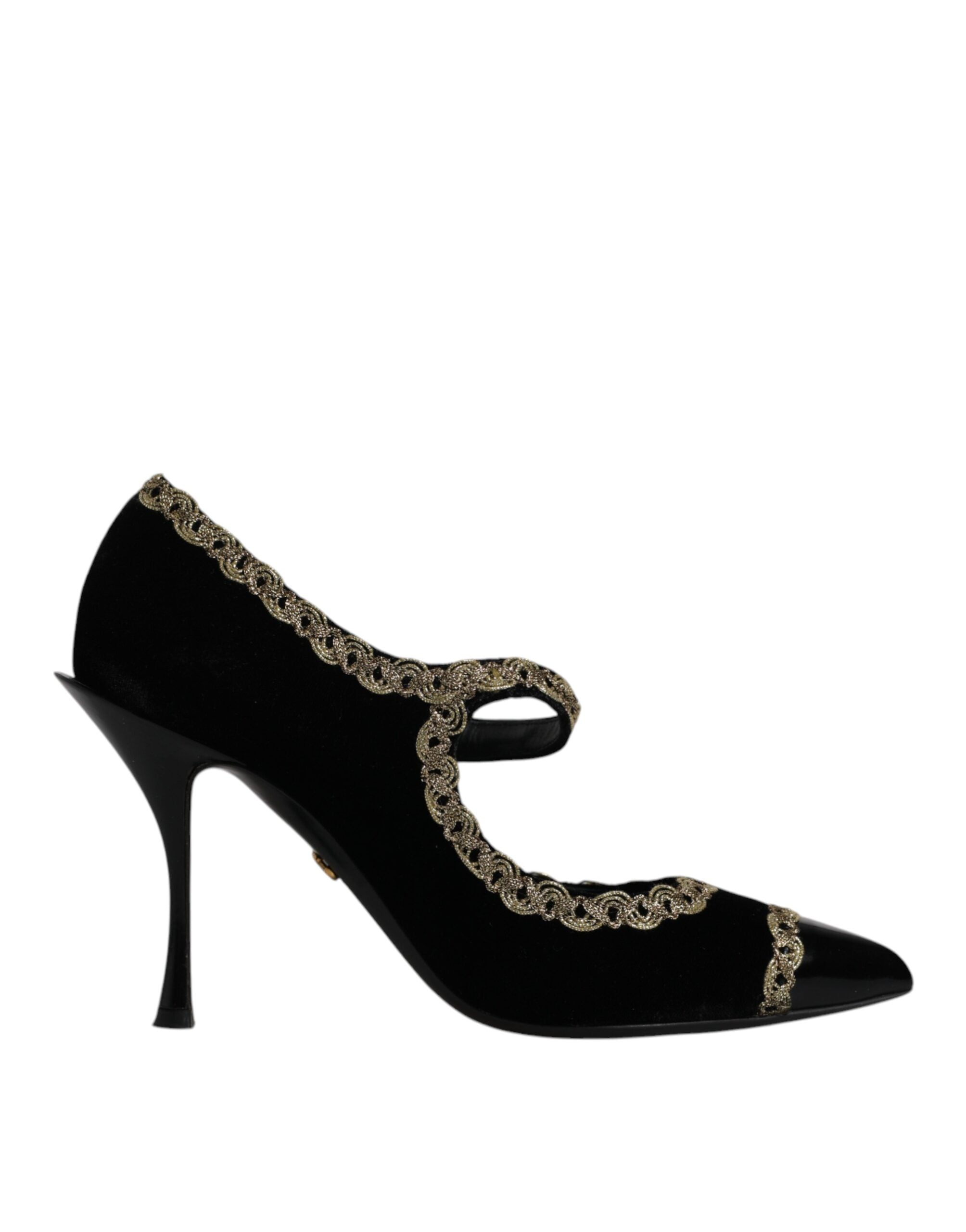 Escarpins Dolce & Gabbana en velours noir avec détails dorés et bride Mary Jane, visibles sur l'image.