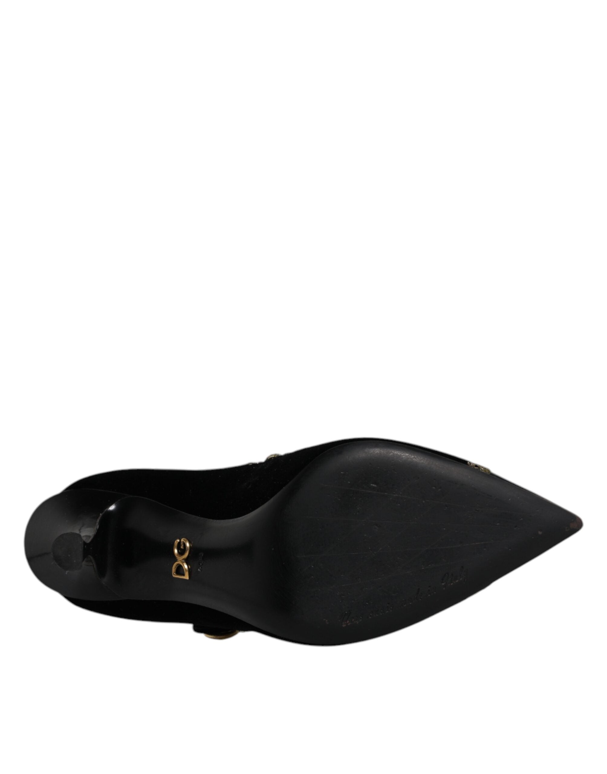 Chaussures à talons Mary Janes noires en velours avec détails dorés de Dolce & Gabbana, vues de face.