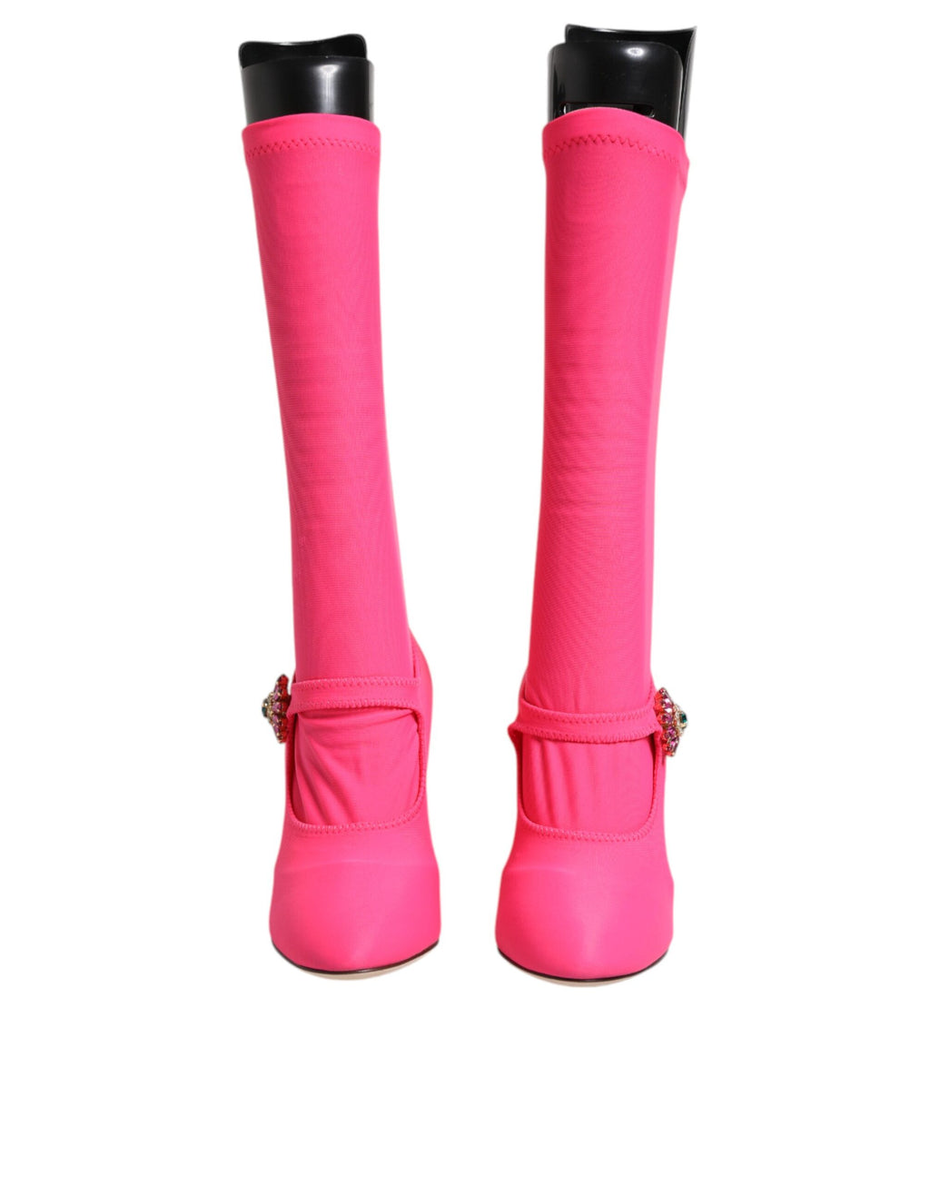 Bottes hautes en nylon rose avec cristaux de Dolce & Gabbana, style élégant et sophistiqué, visibles en image.