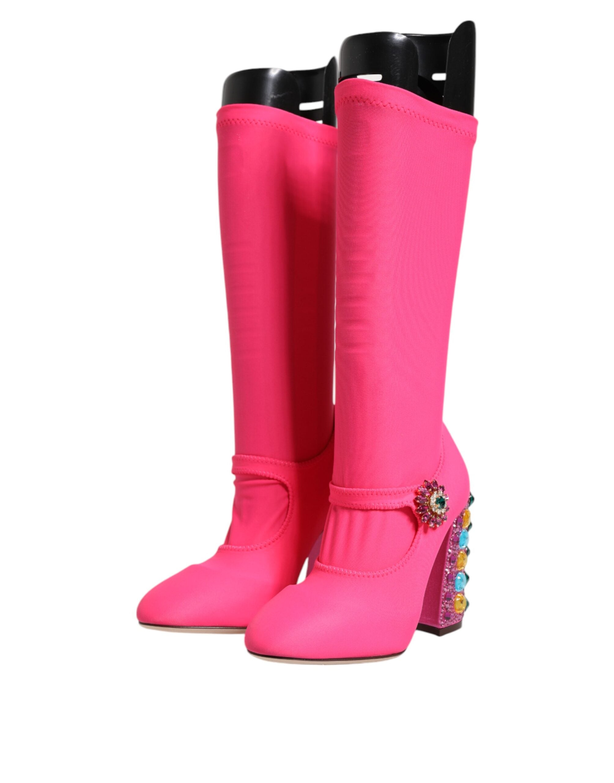 Bottes hautes en nylon rose avec cristaux de Dolce & Gabbana, style élégant et moderne, vues de face.