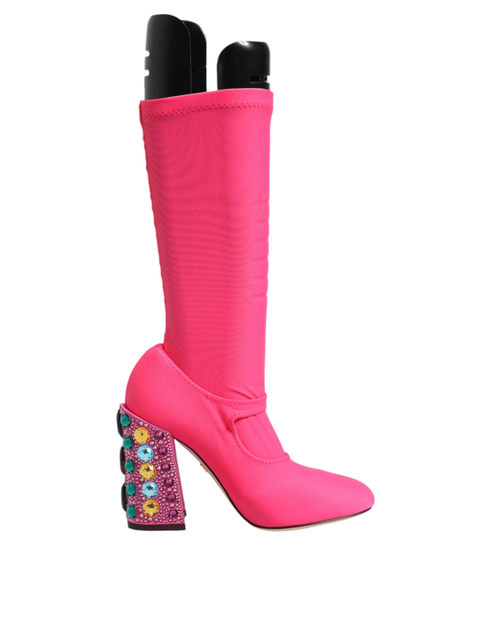 Bottes hautes en nylon rose de Dolce & Gabbana avec cristaux, style élégant et tendance, vues de côté.
