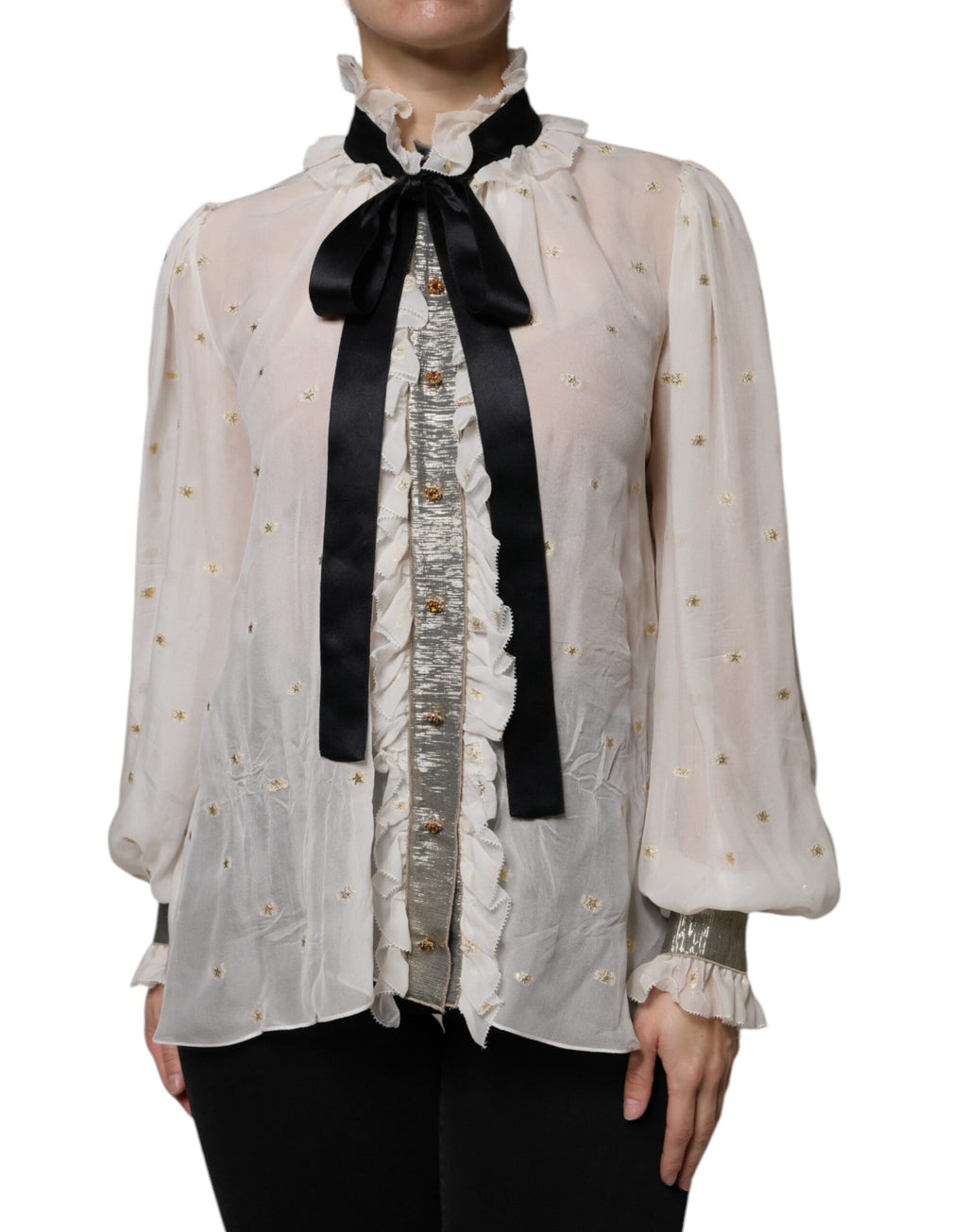 Blouse Dolce & Gabbana en soie blanche avec col ascot, style élégant et sophistiqué, vue de face.