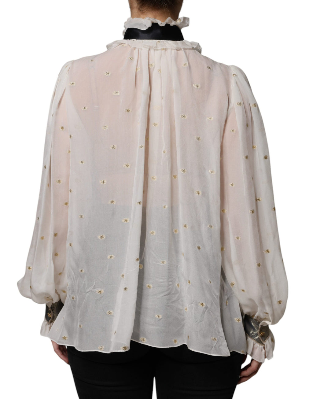 Chemisier Dolce & Gabbana en soie blanche avec col ascot en mélange de soie, style élégant et sophistiqué.