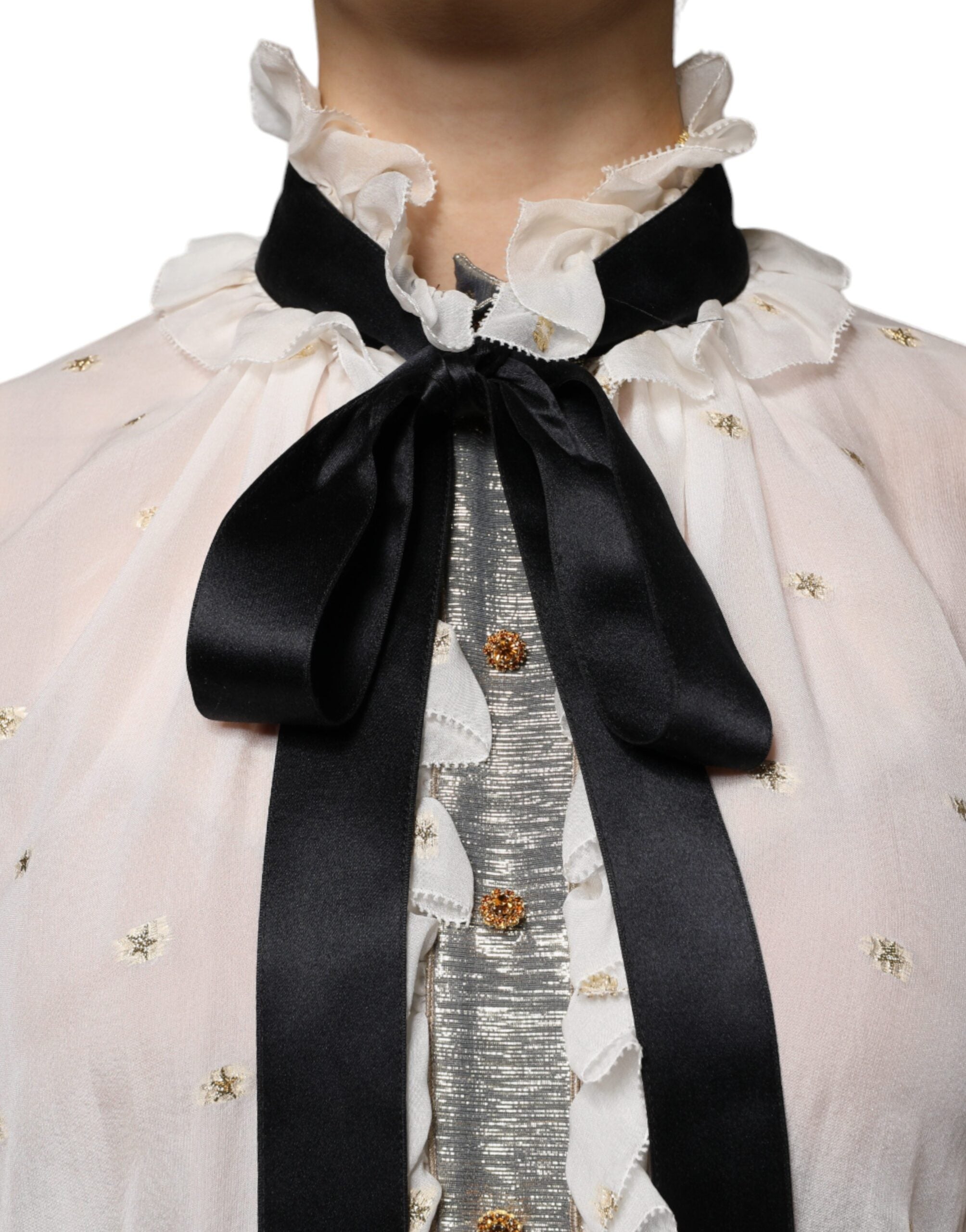 Blouse Dolce & Gabbana en soie blanche avec col ascot, élégante chemise à col contrasté pour femme
