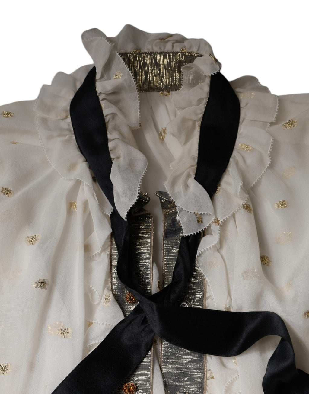 Blouse Dolce & Gabbana en soie blanche avec col ascot, style élégant et sophistiqué, vue de face.