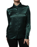 Blouse en soie vert foncé Dolce & Gabbana à manches longues et boutons, élégante et sophistiquée.