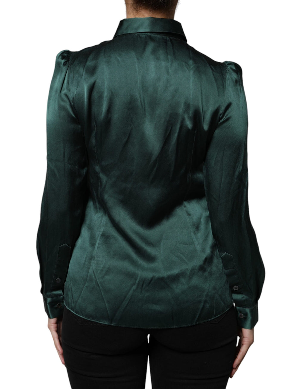 Chemisier en soie vert foncé Dolce & Gabbana à manches longues avec boutons, élégant et sophistiqué.