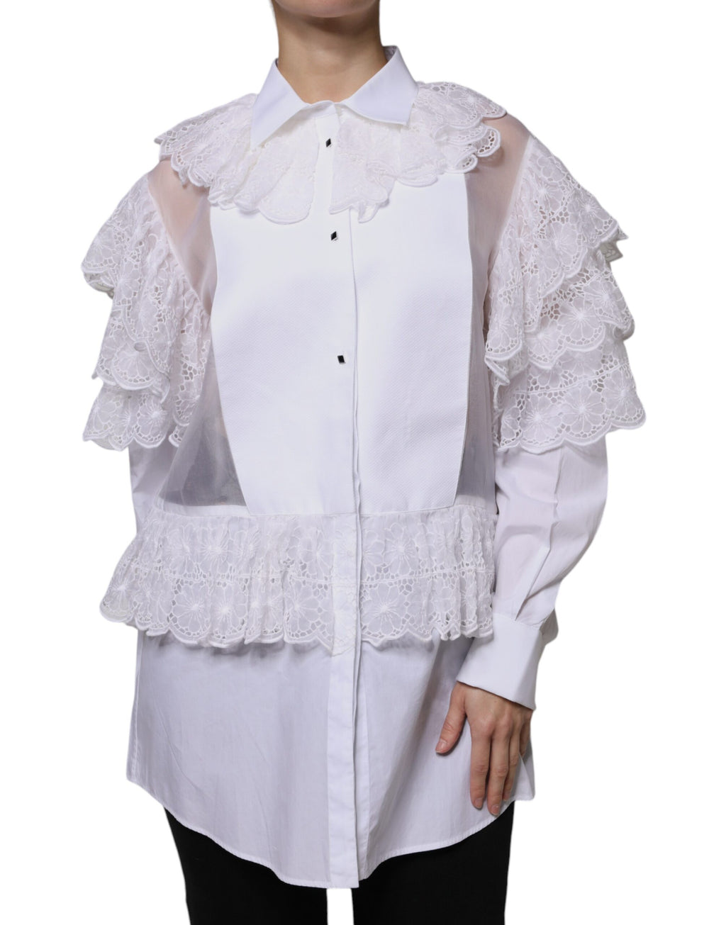 Robe chemisier en coton blanc Dolce & Gabbana avec col classique et manches longues, vue de face.