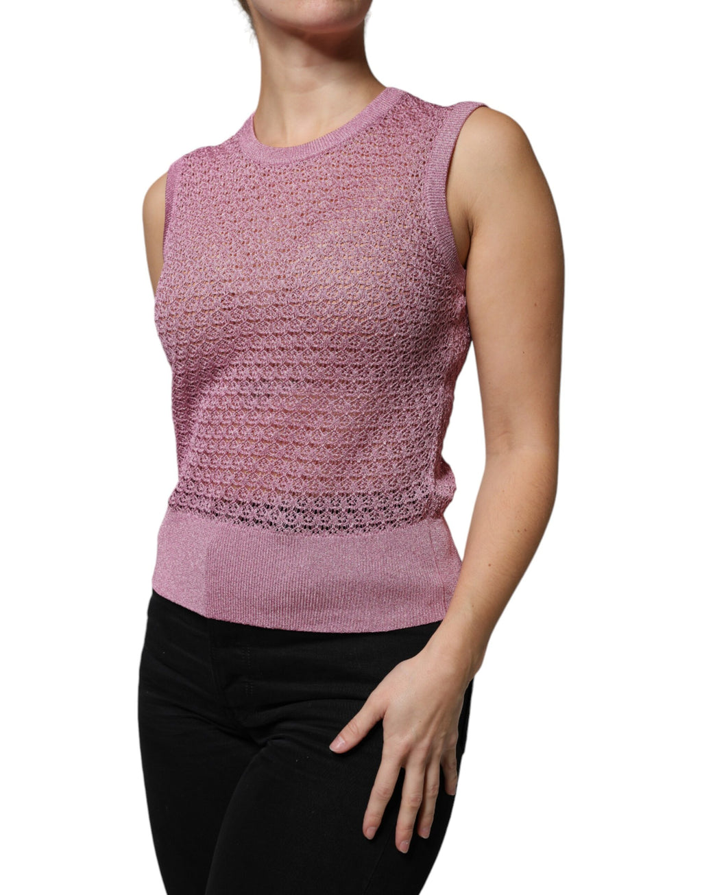Débardeur sans manches en mesh rose Dolce & Gabbana, transparent, ajusté, pour un style moderne et élégant.