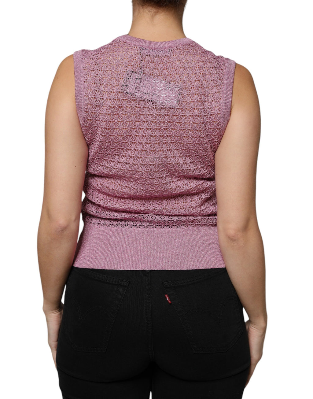 Débardeur sans manches en mesh rose de Dolce & Gabbana, transparent et léger, idéal pour un look élégant et moderne.