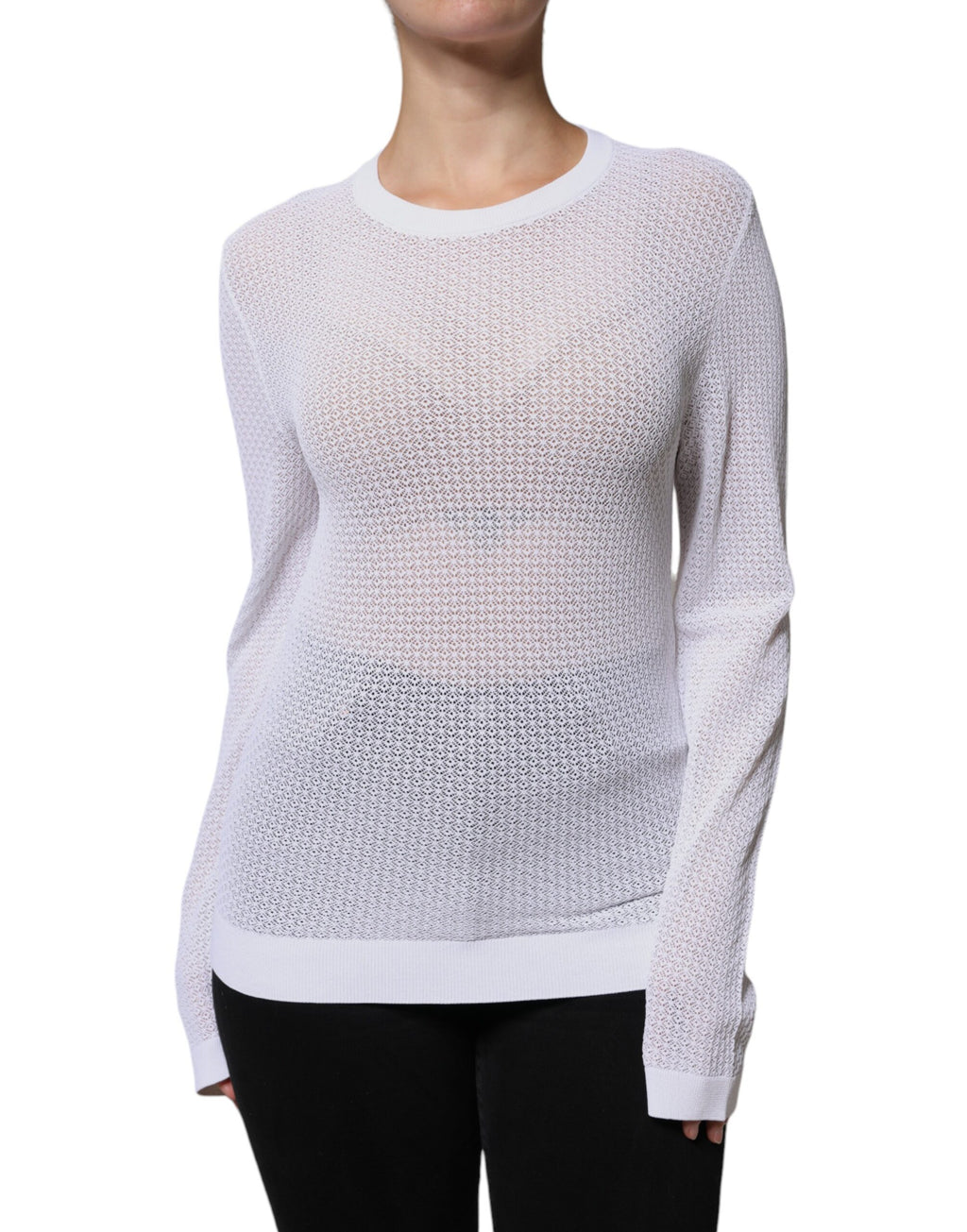 Haut en mesh blanc à manches longues de Dolce & Gabbana, transparent et élégant, pour un style sophistiqué et moderne.