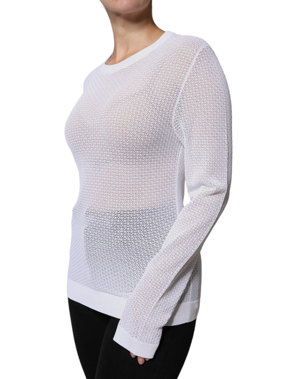 T-shirt à manches longues en mesh blanc de Dolce & Gabbana, transparent et élégant, porté sur un mannequin.