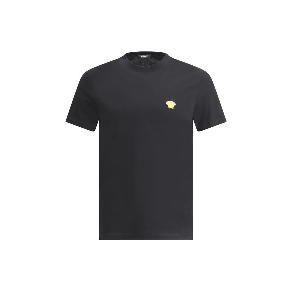T-shirt en coton noir de la marque Versace, coupe classique avec logo distinctif sur la poitrine.
