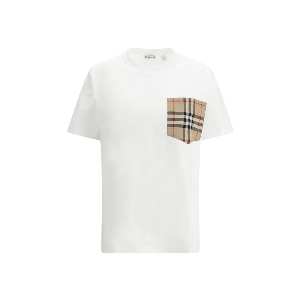T-shirt blanc en coton de la marque Burberry, vue de face, avec logo discret en relief sur la poitrine.