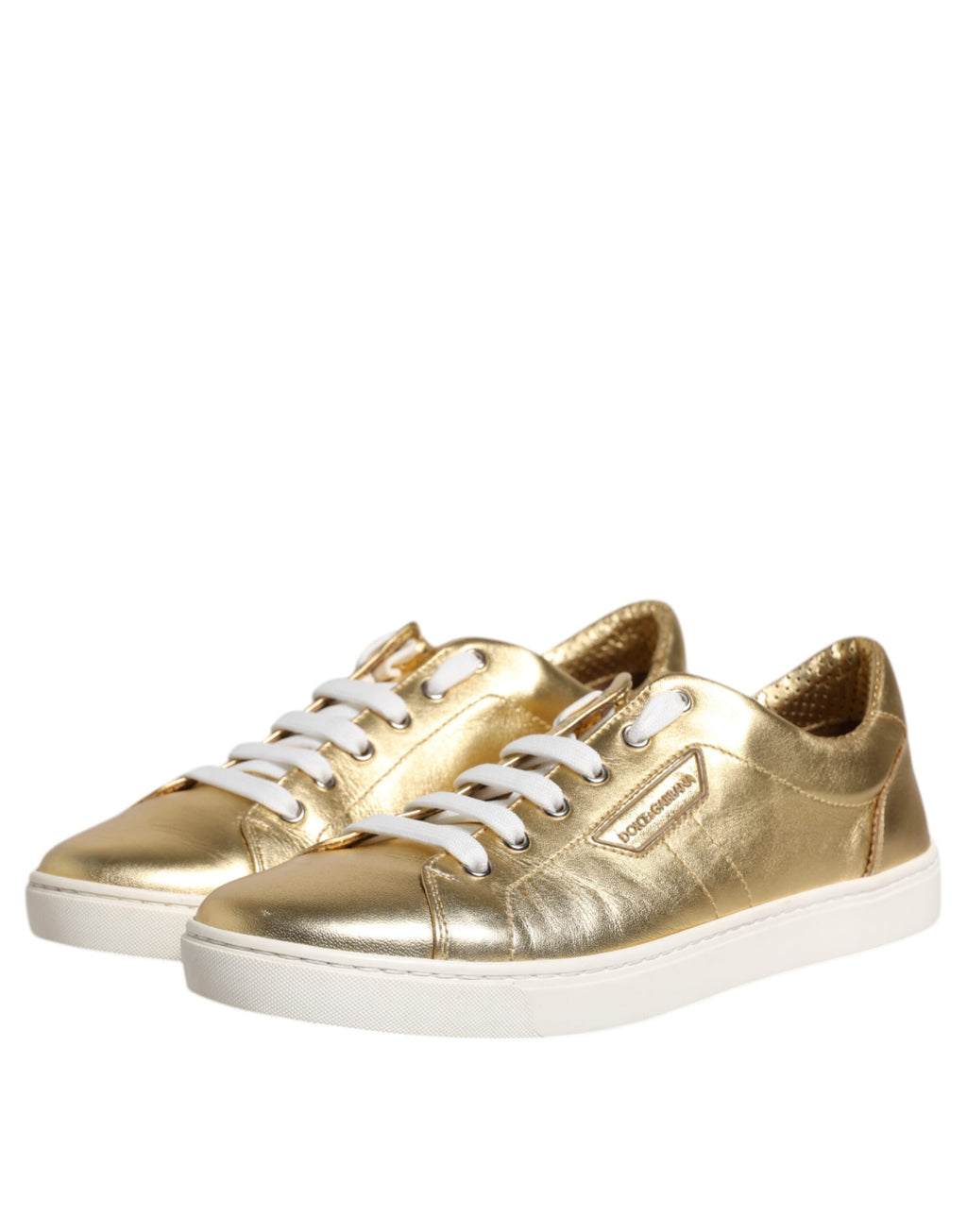 Sneakers pour homme Dolce & Gabbana en cuir doré avec logo London, chaussures de mode tendance.