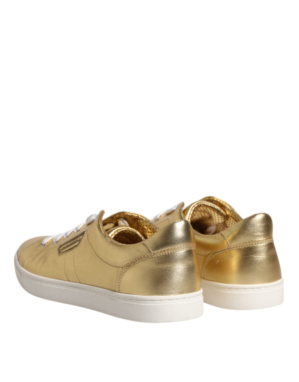 Chaussures sneakers pour homme Dolce & Gabbana en cuir doré avec logo London, vue de face.