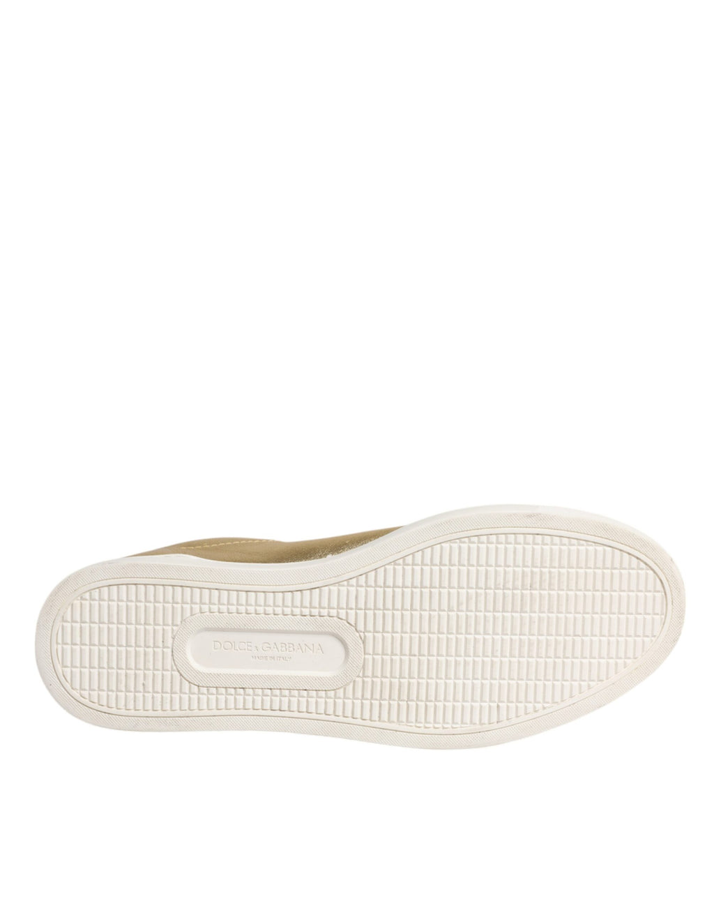 Chaussures sneakers pour homme Dolce & Gabbana London en cuir doré avec logo, vue de face sur fond blanc.