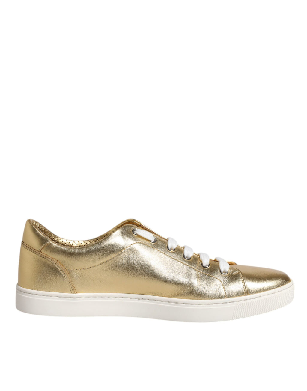 Chaussures sneakers homme Dolce & Gabbana en cuir doré avec logo Londres, style élégant et moderne.