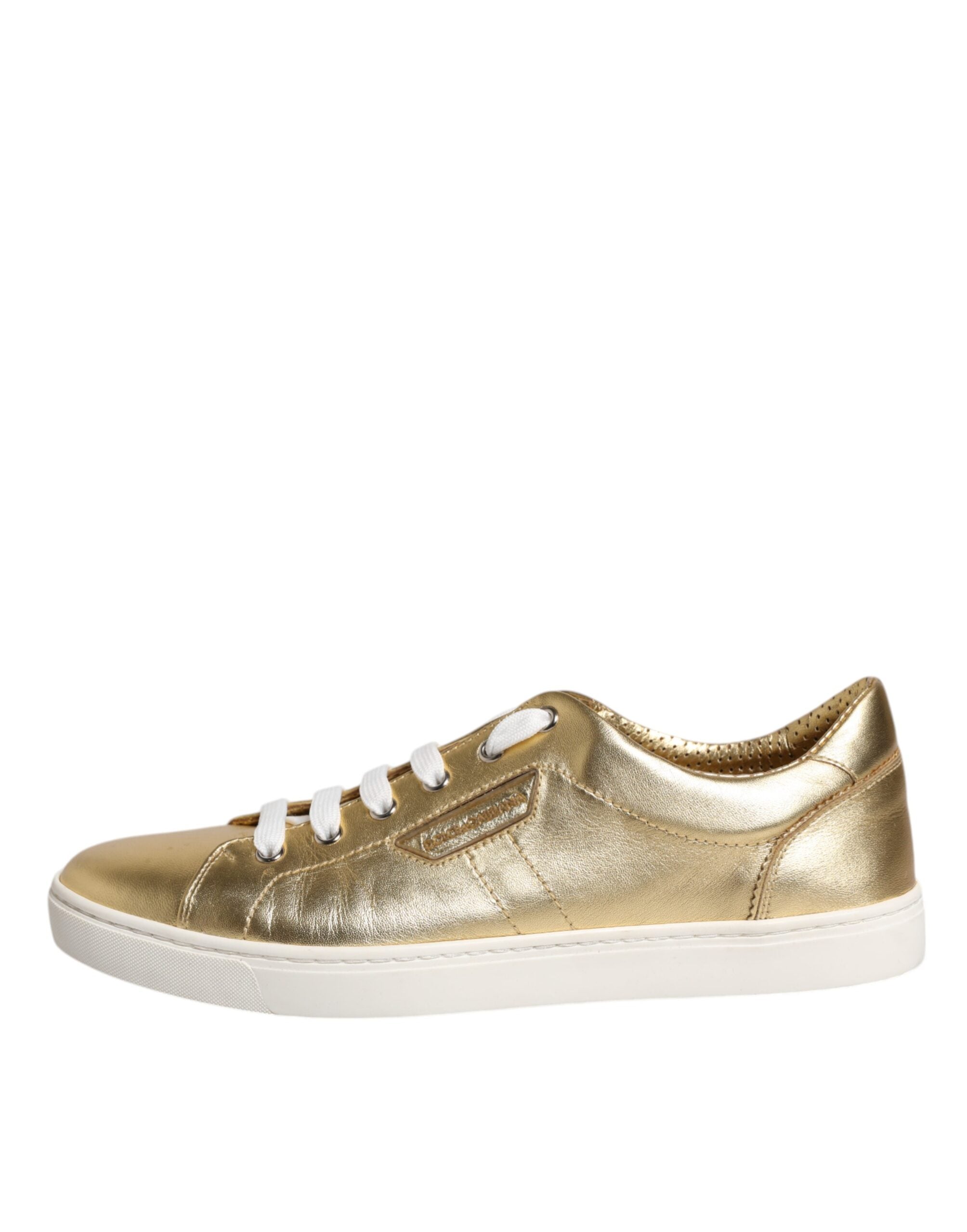 Sneakers pour homme Dolce & Gabbana en cuir doré avec logo London, chaussures de mode élégantes et modernes.