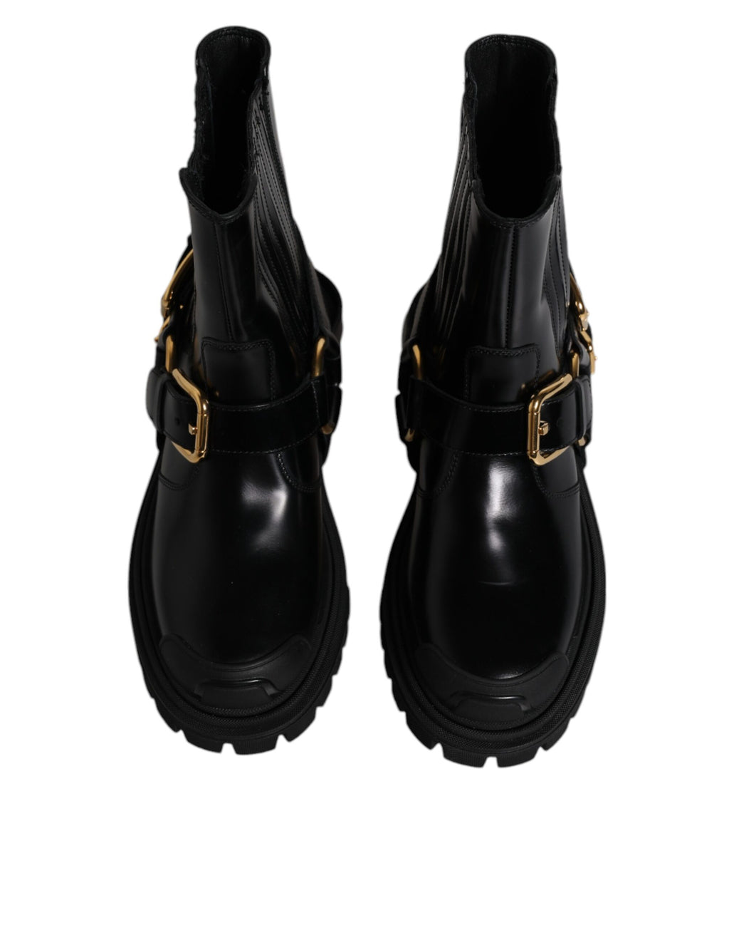 Bottes de trekking noires en cuir Dolce & Gabbana, slip-on, stretch, avec semelle robuste et style élégant.