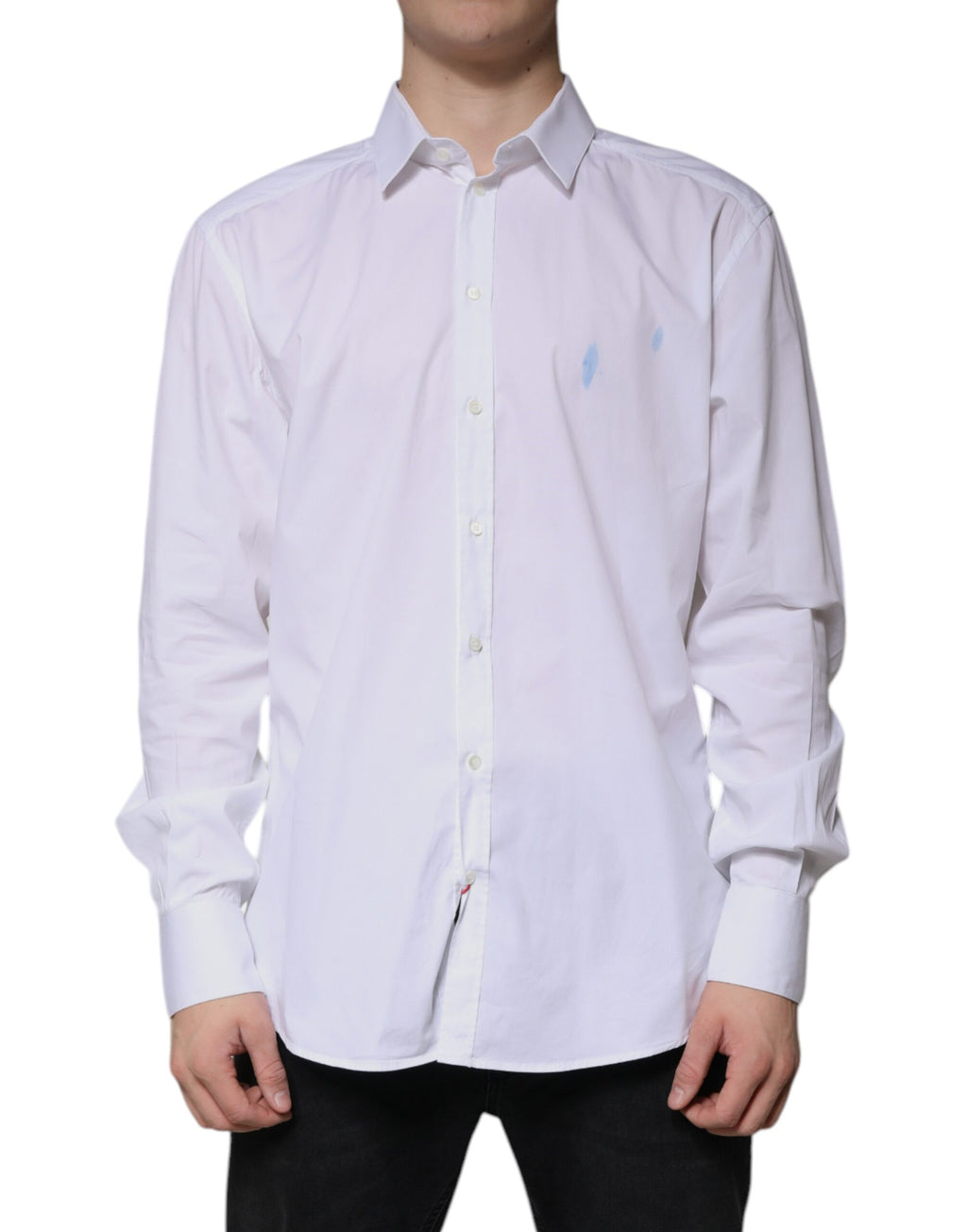 Chemise Dolce & Gabbana en coton blanc à manches longues avec détails dorés, élégante chemise de costume pour homme.
