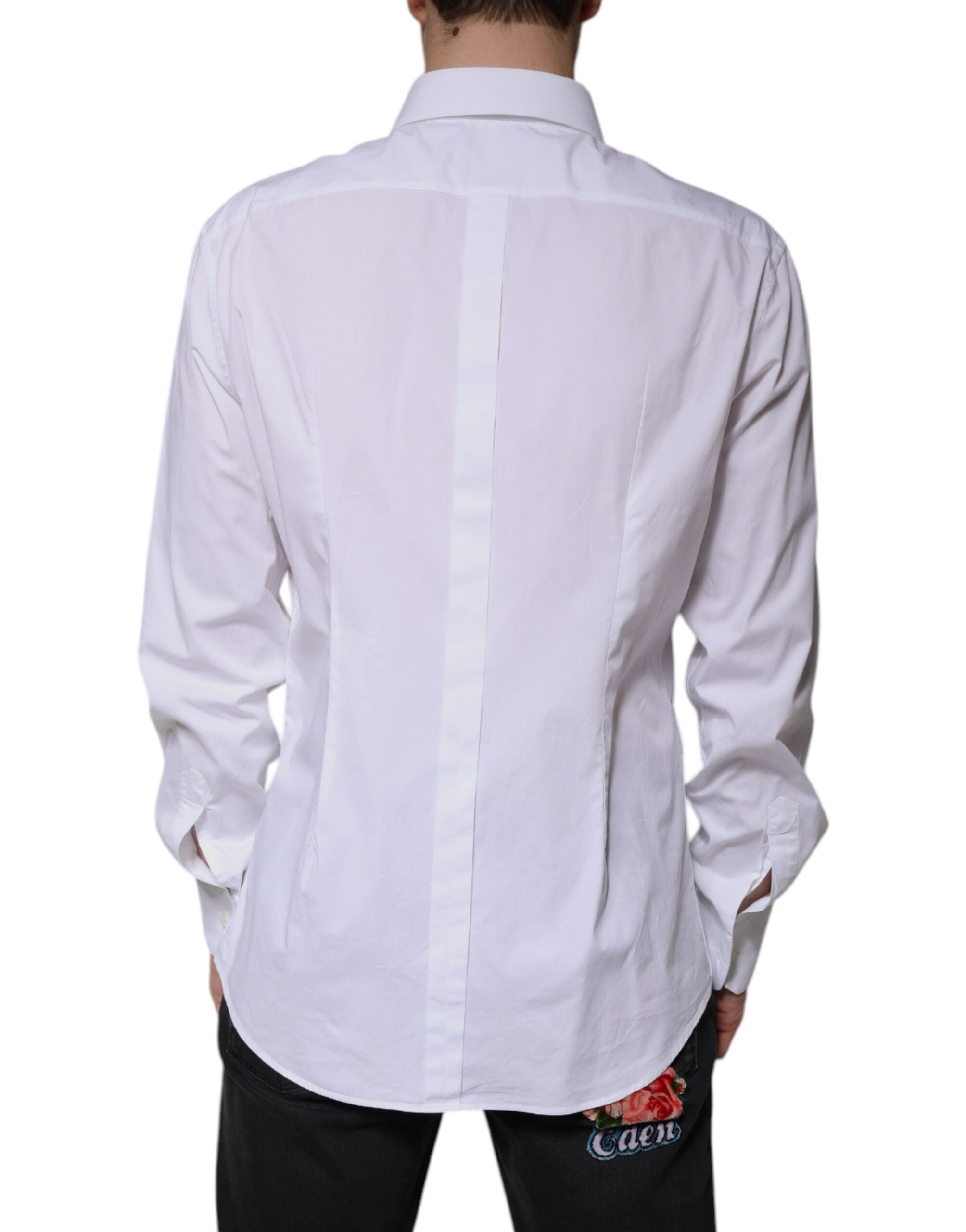 Chemise blanche en coton à manches longues de Dolce & Gabbana avec détails dorés, élégante et classique pour homme.