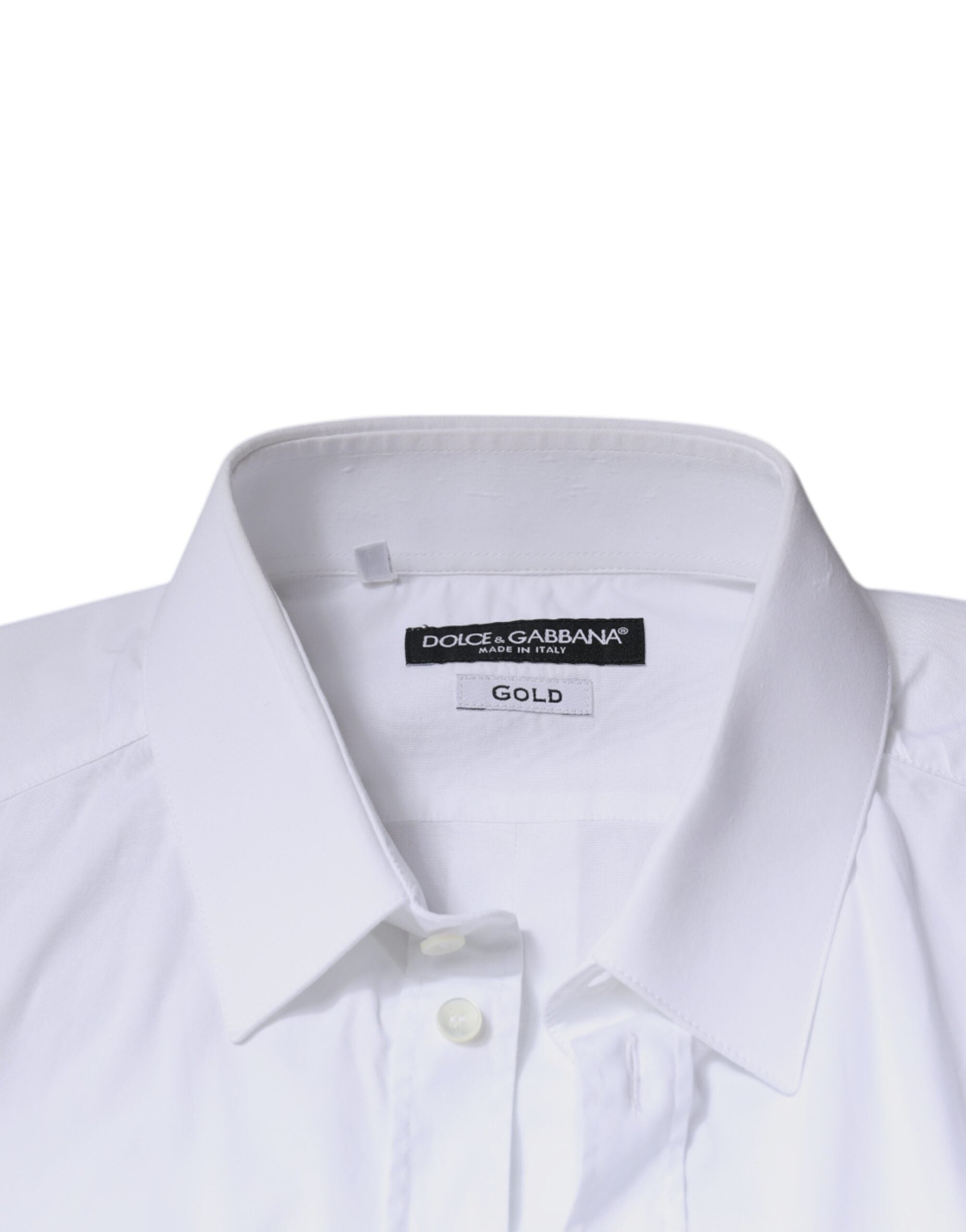 Chemise homme en coton blanc Dolce & Gabbana à manches longues avec détails dorés, élégante et sophistiquée.