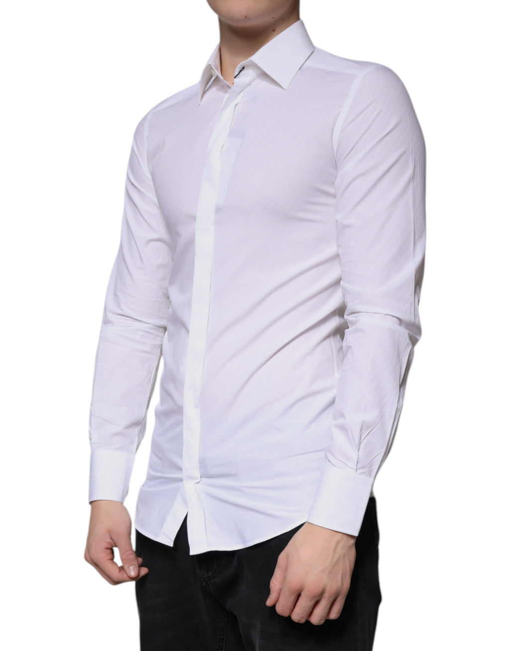 Chemise blanche en coton à manches longues de Dolce & Gabbana, élégante chemise habillée avec détails dorés.