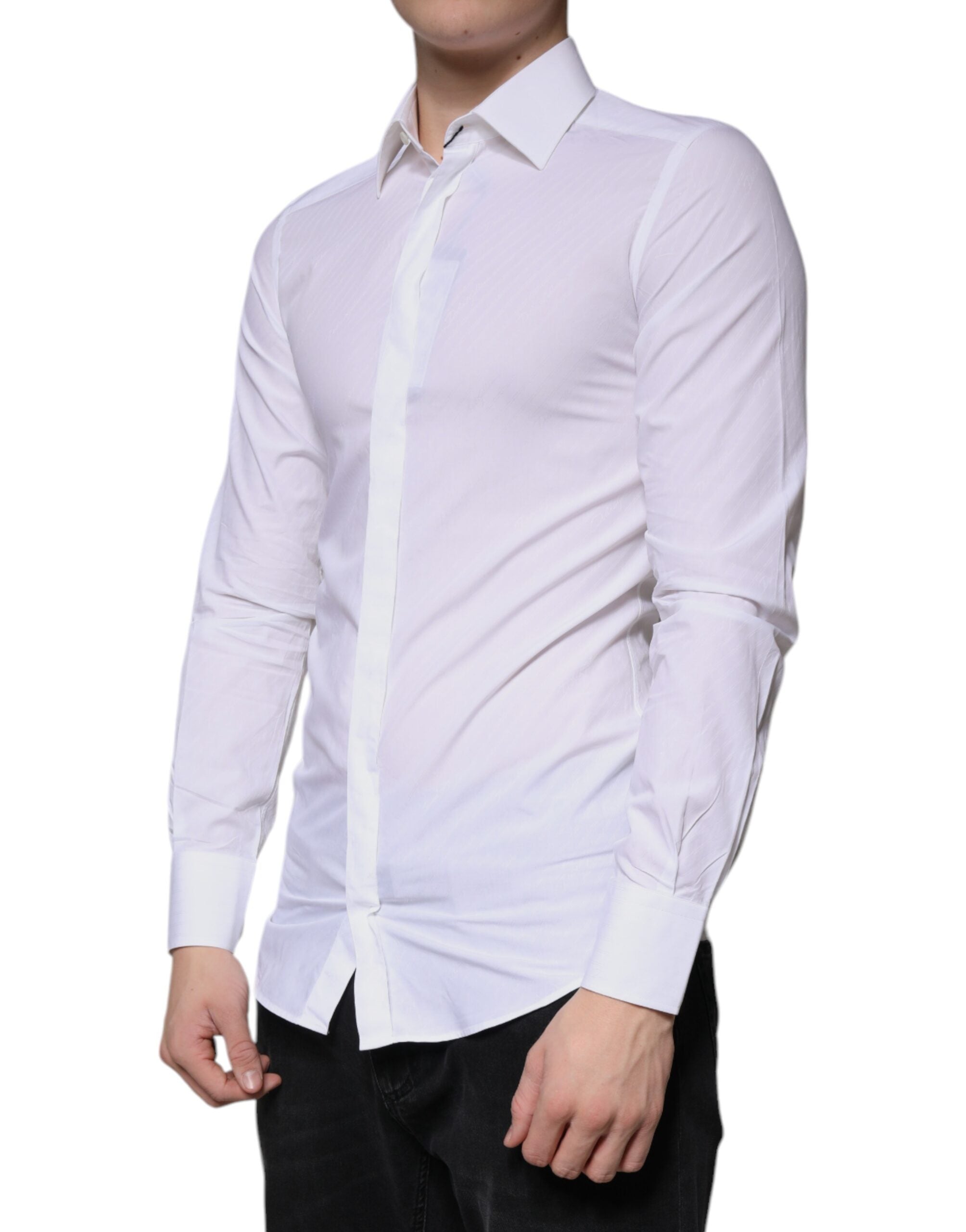 Chemise blanche en coton à manches longues de Dolce & Gabbana, élégante chemise habillée avec détails dorés.