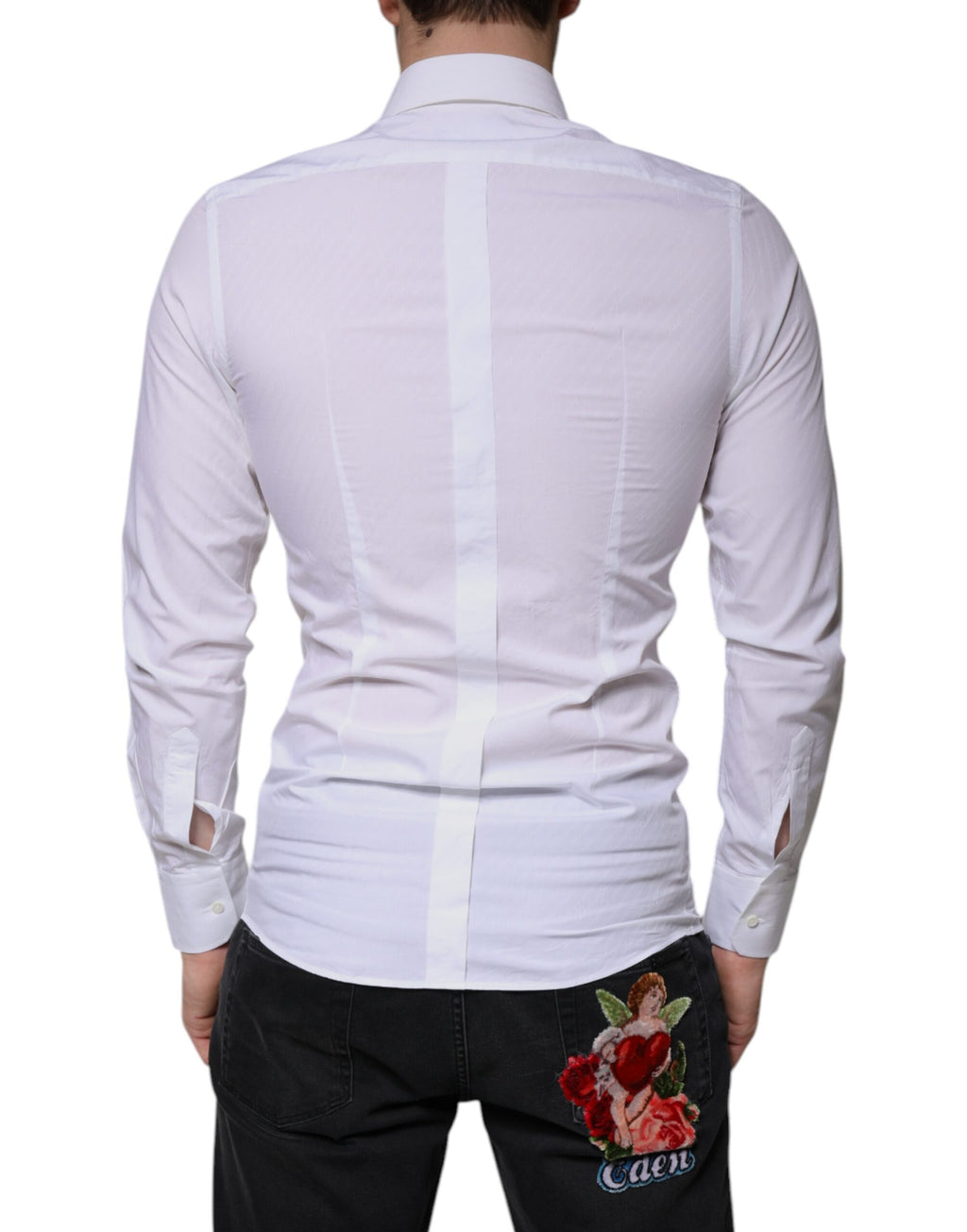 Chemise blanche en coton à manches longues Dolce & Gabbana avec détails dorés, élégante et sophistiquée.