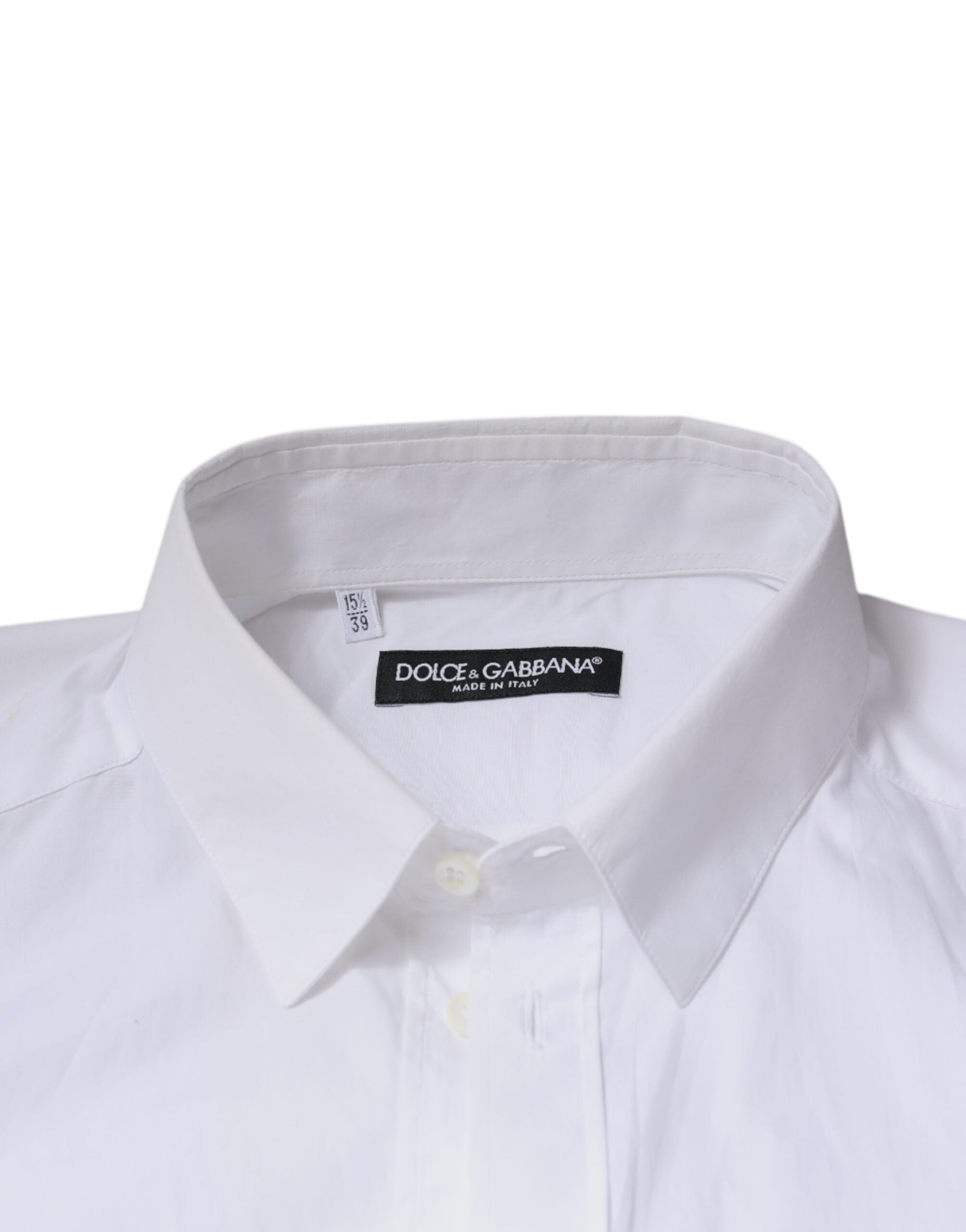 Chemise formelle blanche en coton à manches longues de Dolce & Gabbana, élégante et classique, visible avec col et boutons.