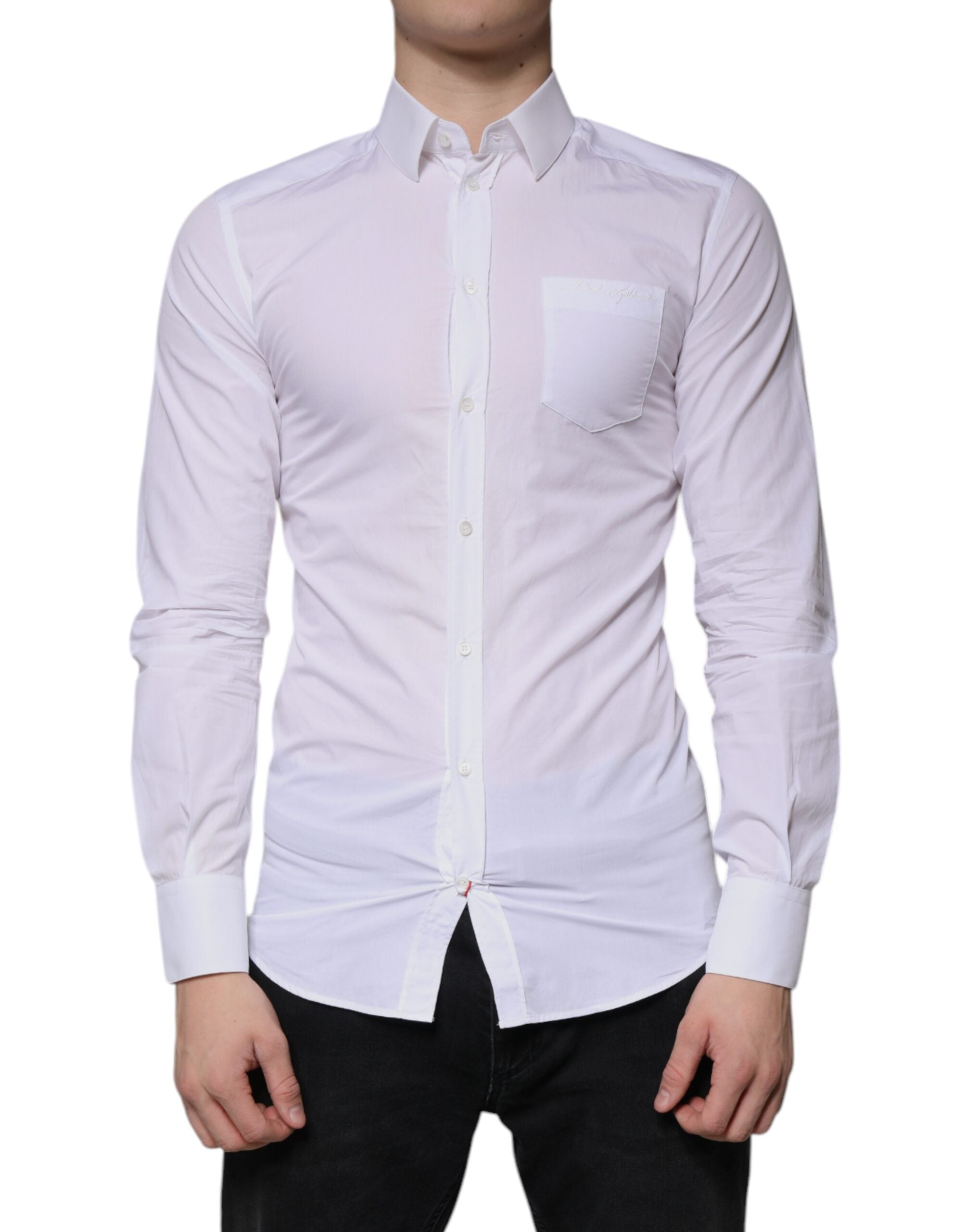 Chemise homme Dolce & Gabbana en coton blanc à manches longues avec détails dorés, élégante et sophistiquée.