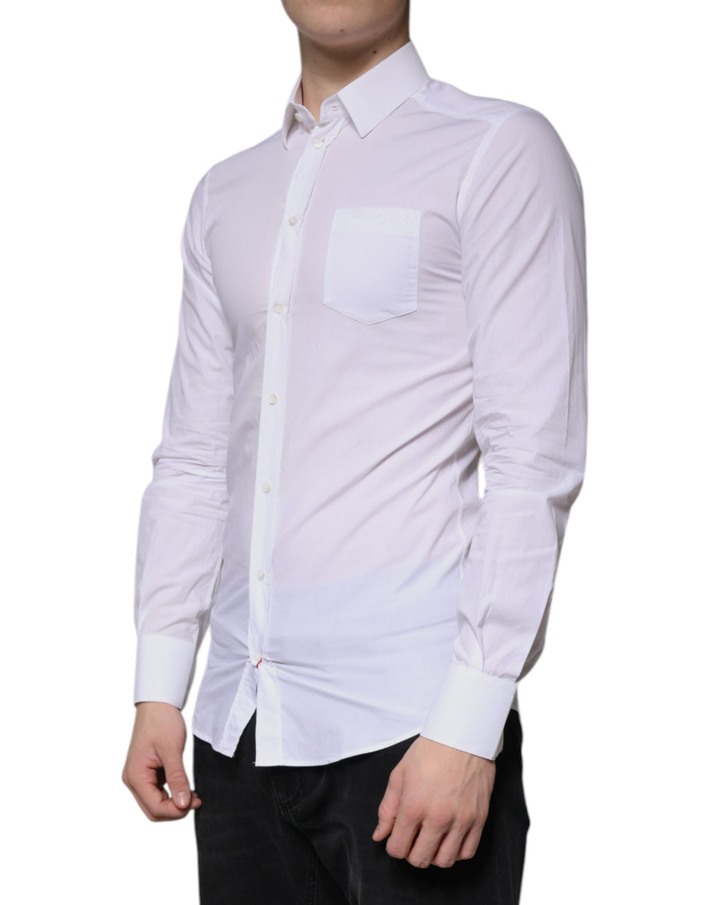 Chemise homme Dolce & Gabbana en coton blanc à manches longues avec détails dorés, élégante et sophistiquée.