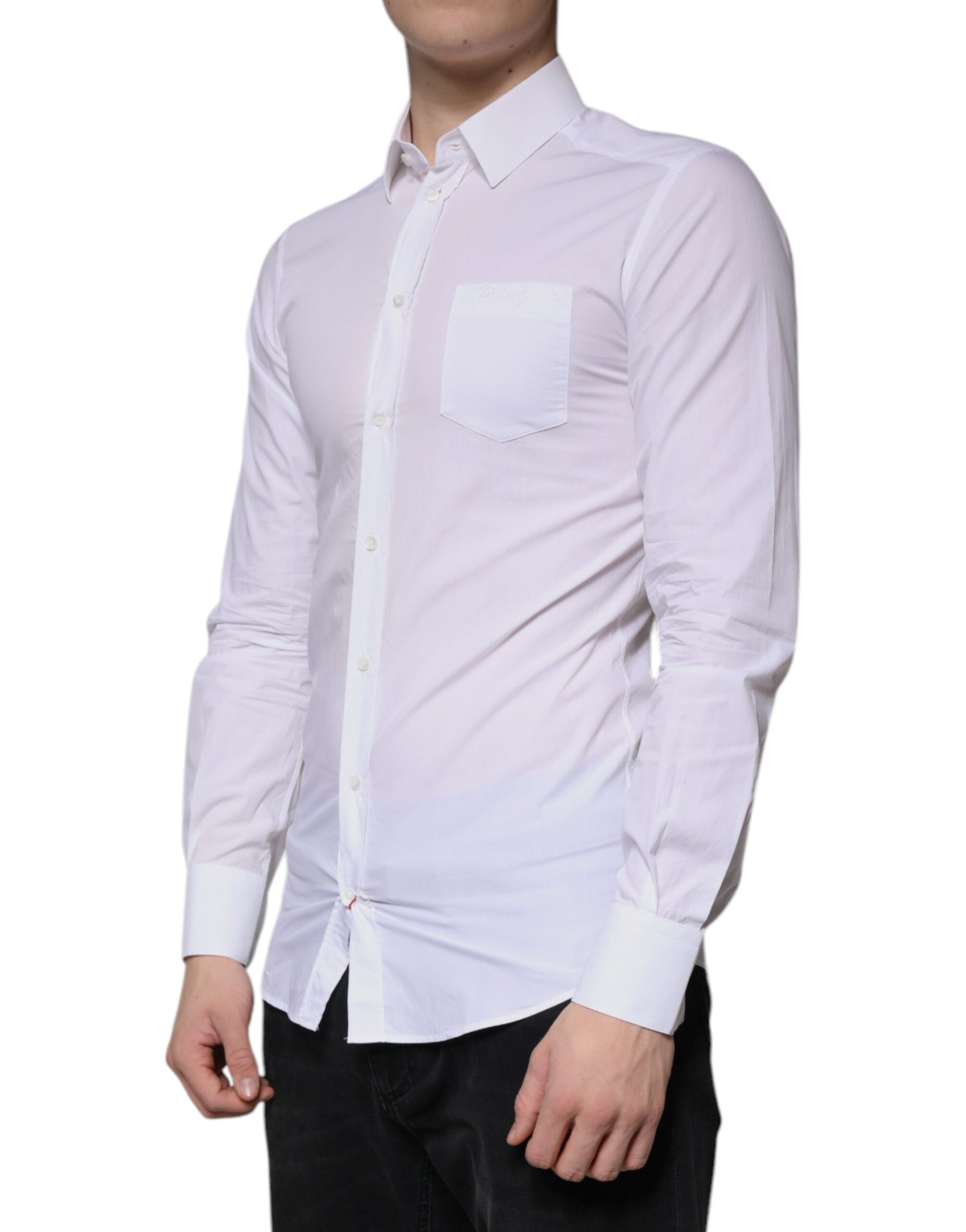 Chemise homme Dolce & Gabbana en coton blanc à manches longues avec détails dorés, élégante et sophistiquée.