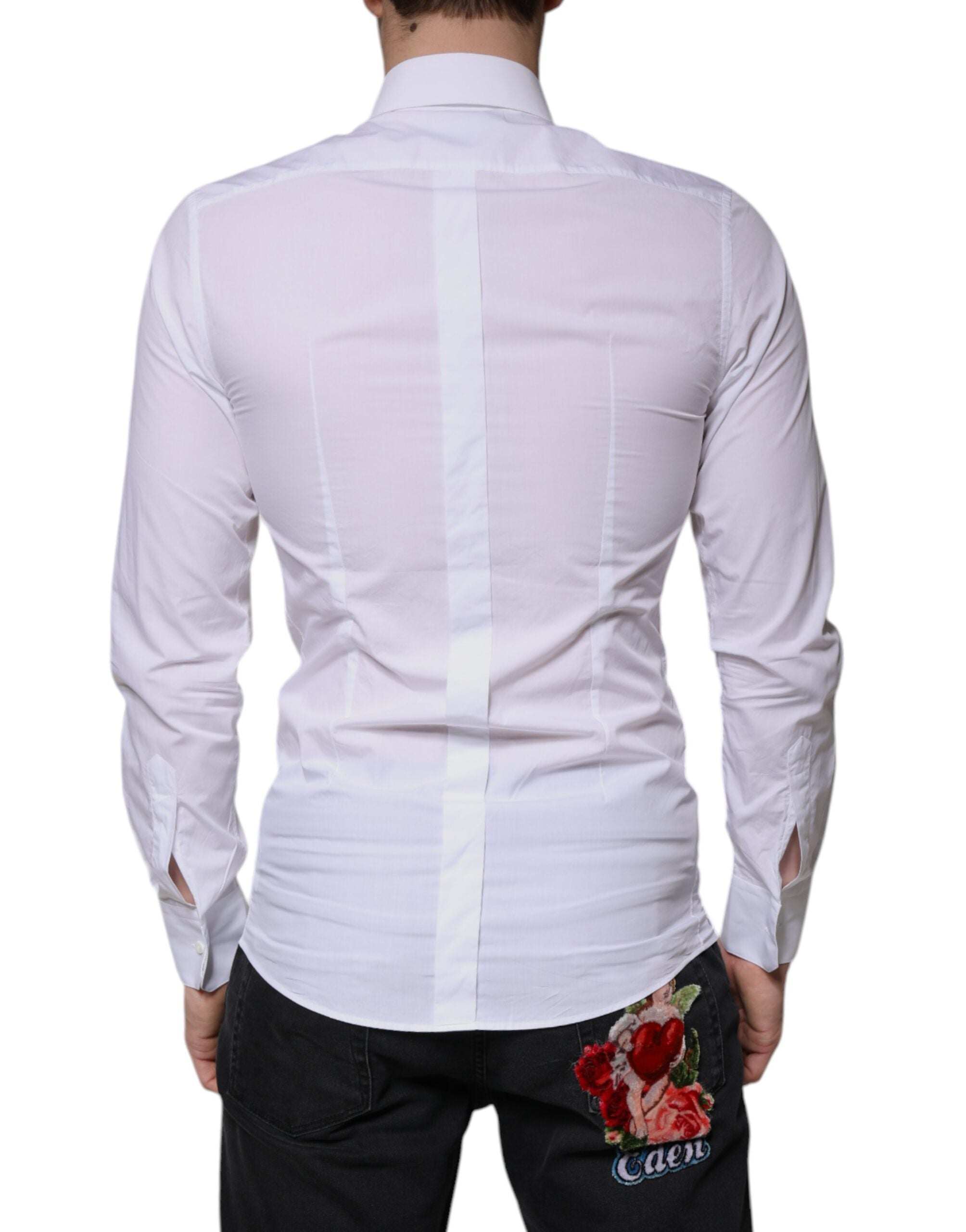Chemise pour homme Dolce & Gabbana en coton blanc à manches longues avec détails dorés.