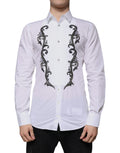 Chemise homme Dolce & Gabbana blanche slim fit à motif baroque doré, élégante et sophistiquée.
