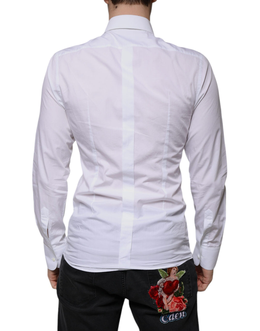 Chemise blanche slim fit Dolce & Gabbana pour homme avec motif baroque doré, style élégant et sophistiqué.