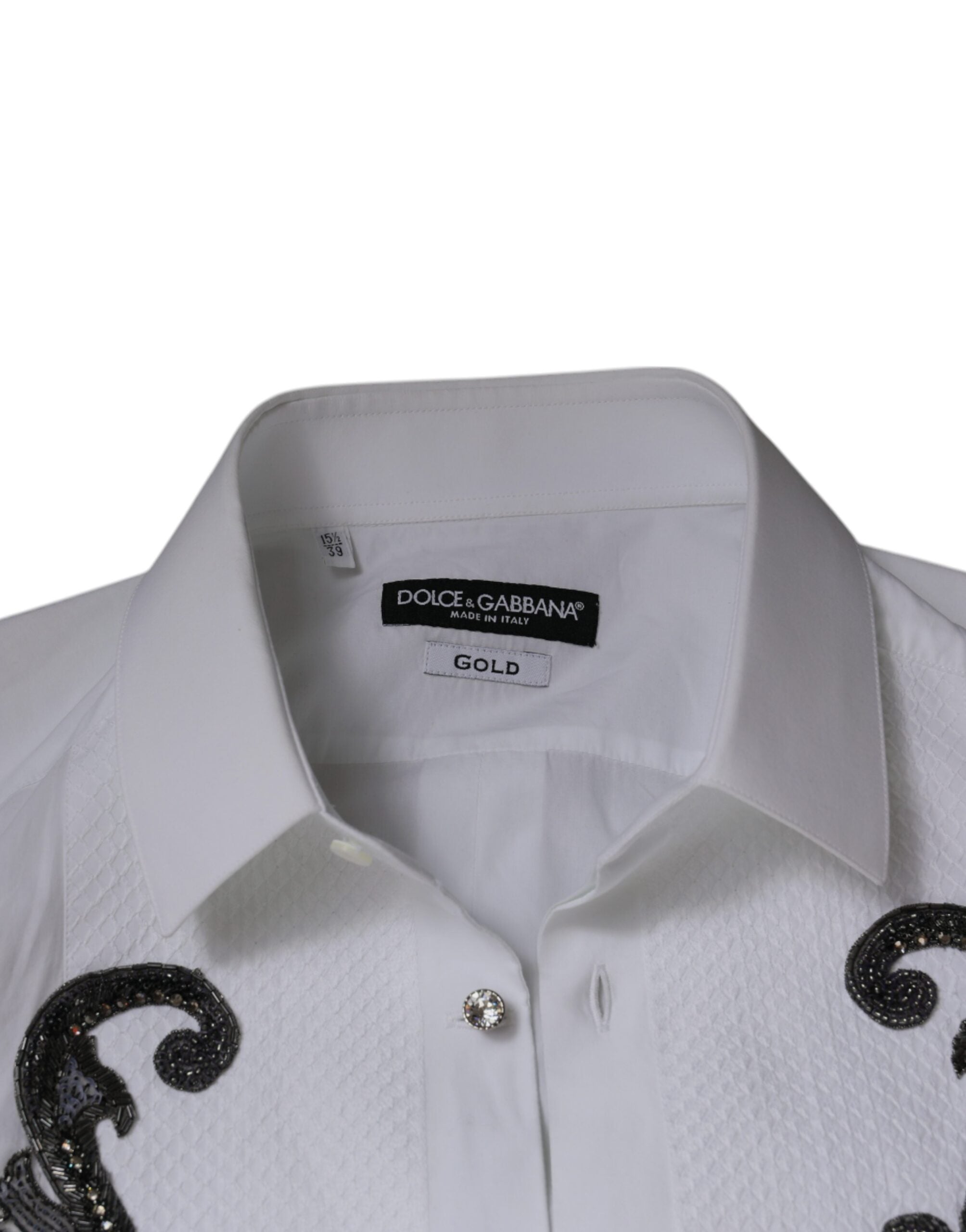 Chemise blanche élégante Dolce & Gabbana homme à coupe slim, motif baroque doré, style sophistiqué et raffiné.