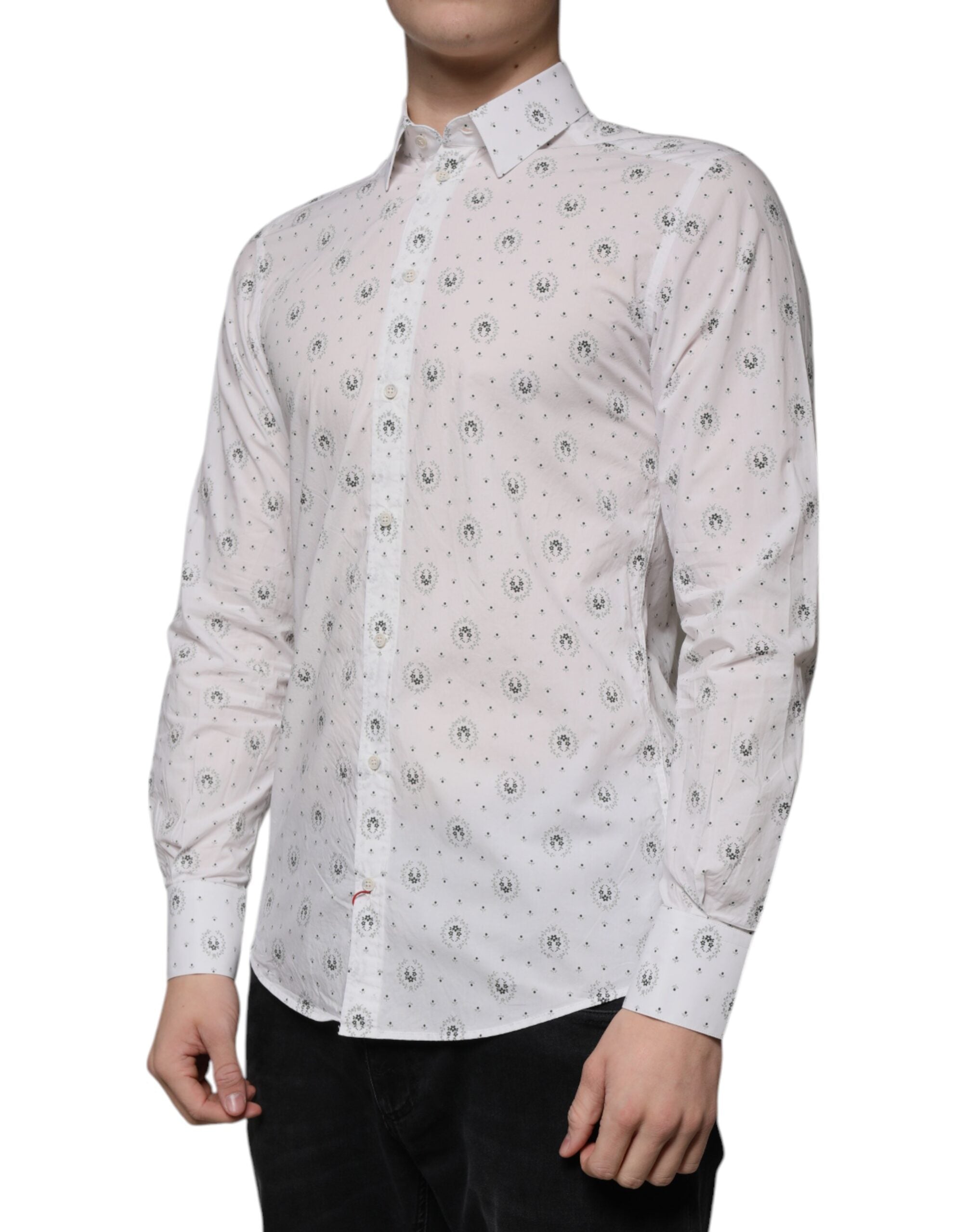 Chemise blanche imprimée en coton Dolce & Gabbana pour homme, coupe slim, vêtement élégant et moderne.