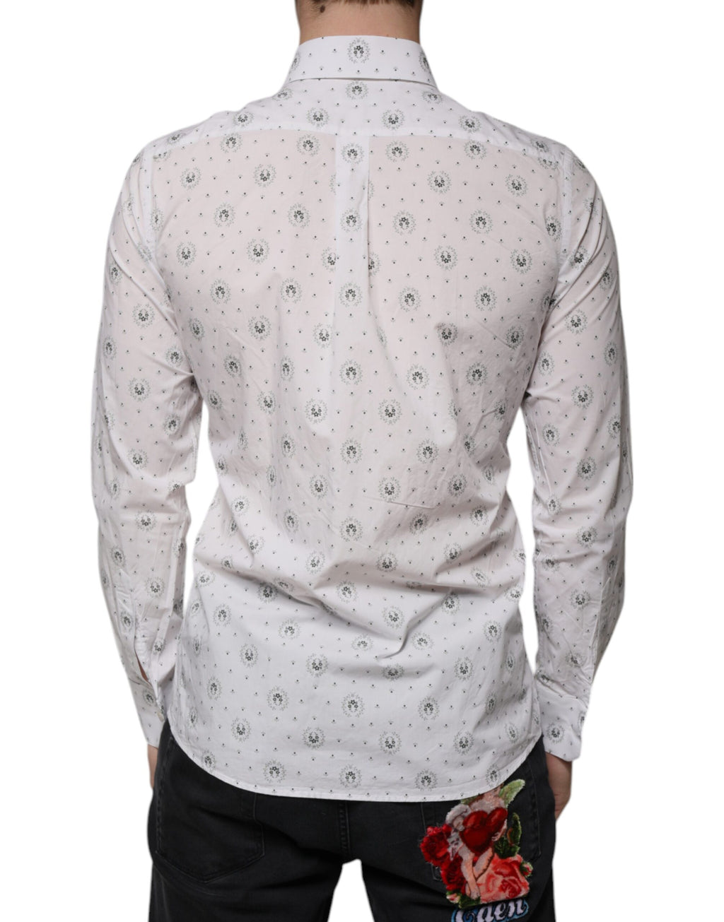Chemise blanche Dolce & Gabbana en coton à motifs, coupe slim pour homme, élégante et moderne.