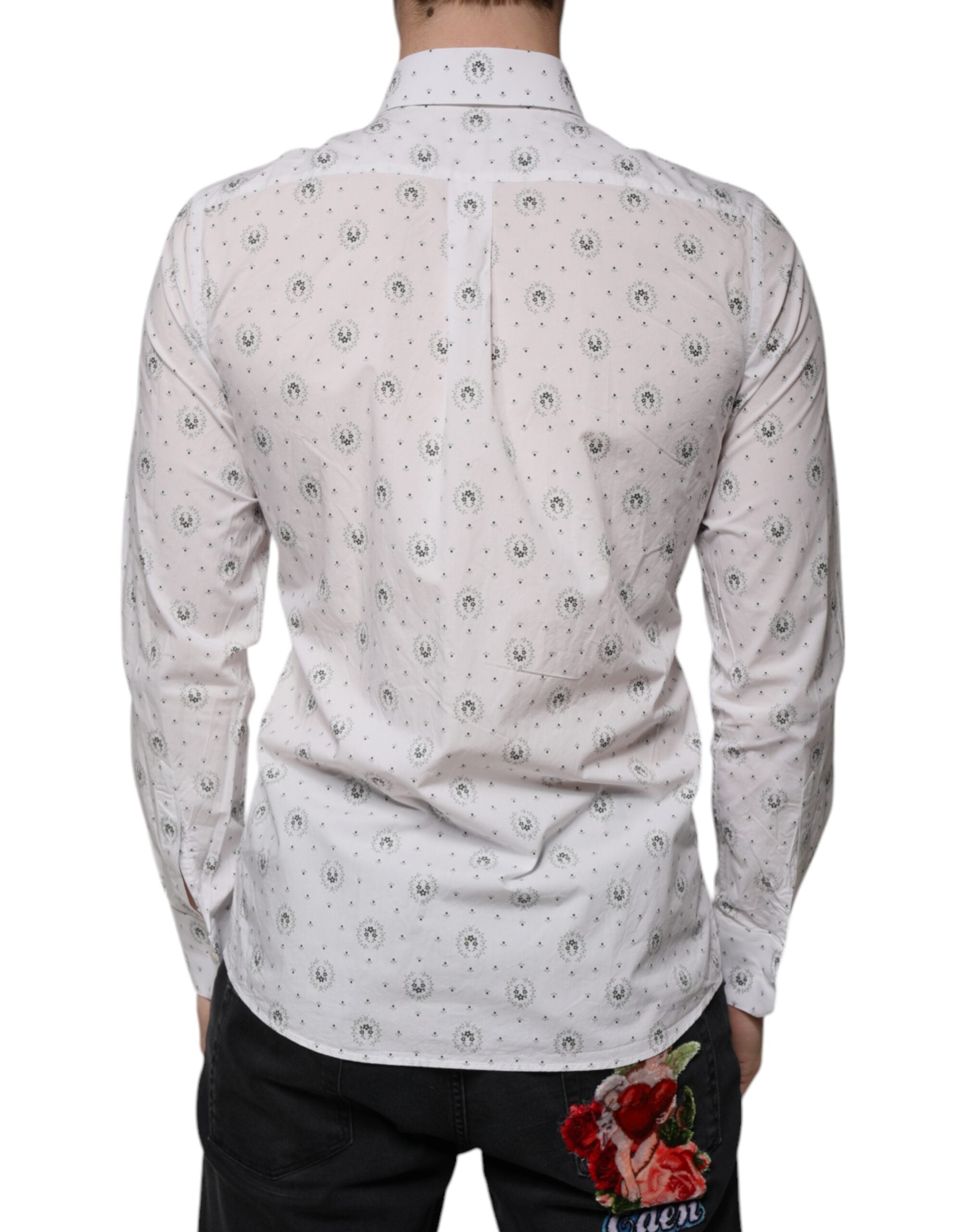 Chemise blanche Dolce & Gabbana en coton à motifs, coupe slim pour homme, élégante et moderne.