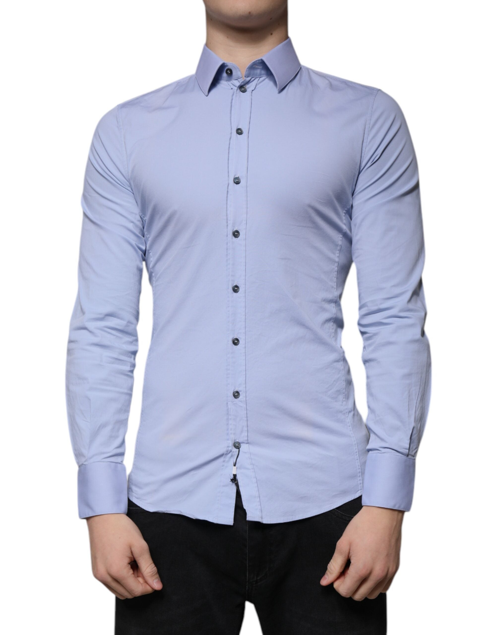Chemise slim fit en coton Light Blue de Dolce & Gabbana Light Blue avec col classique et boutons, vue de face.