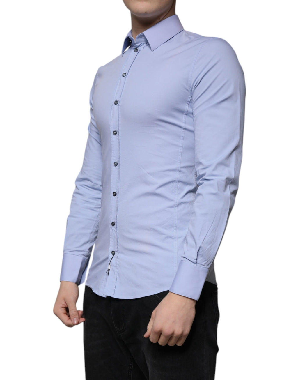 Chemise Dolce & Gabbana Light Blue en coton, coupe slim fit, avec col et manches longues, vêtement élégant pour homme.