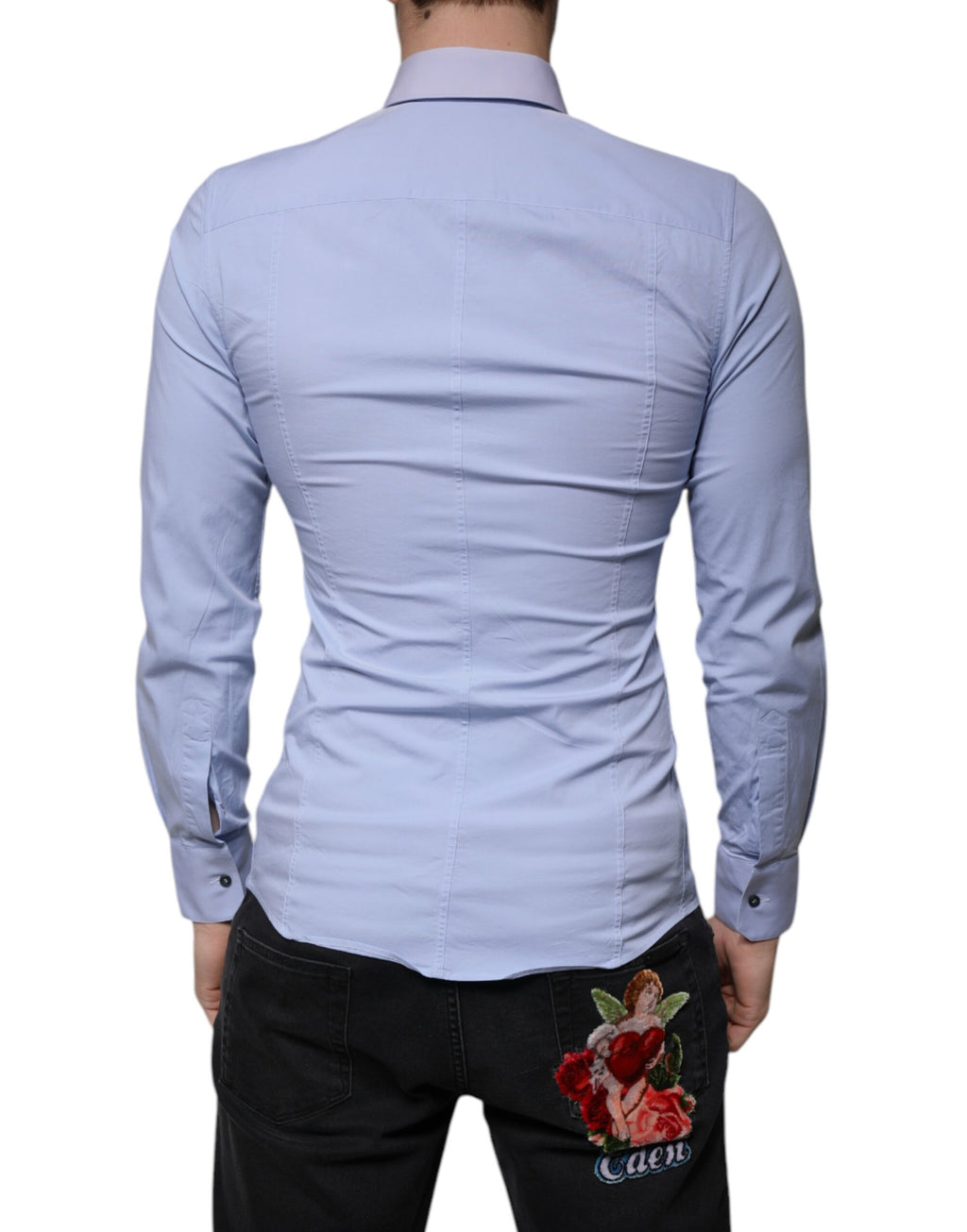 Chemise Dolce & Gabbana Light Blue en coton slim fit Sicilia, manches longues et col classique, vue de face.