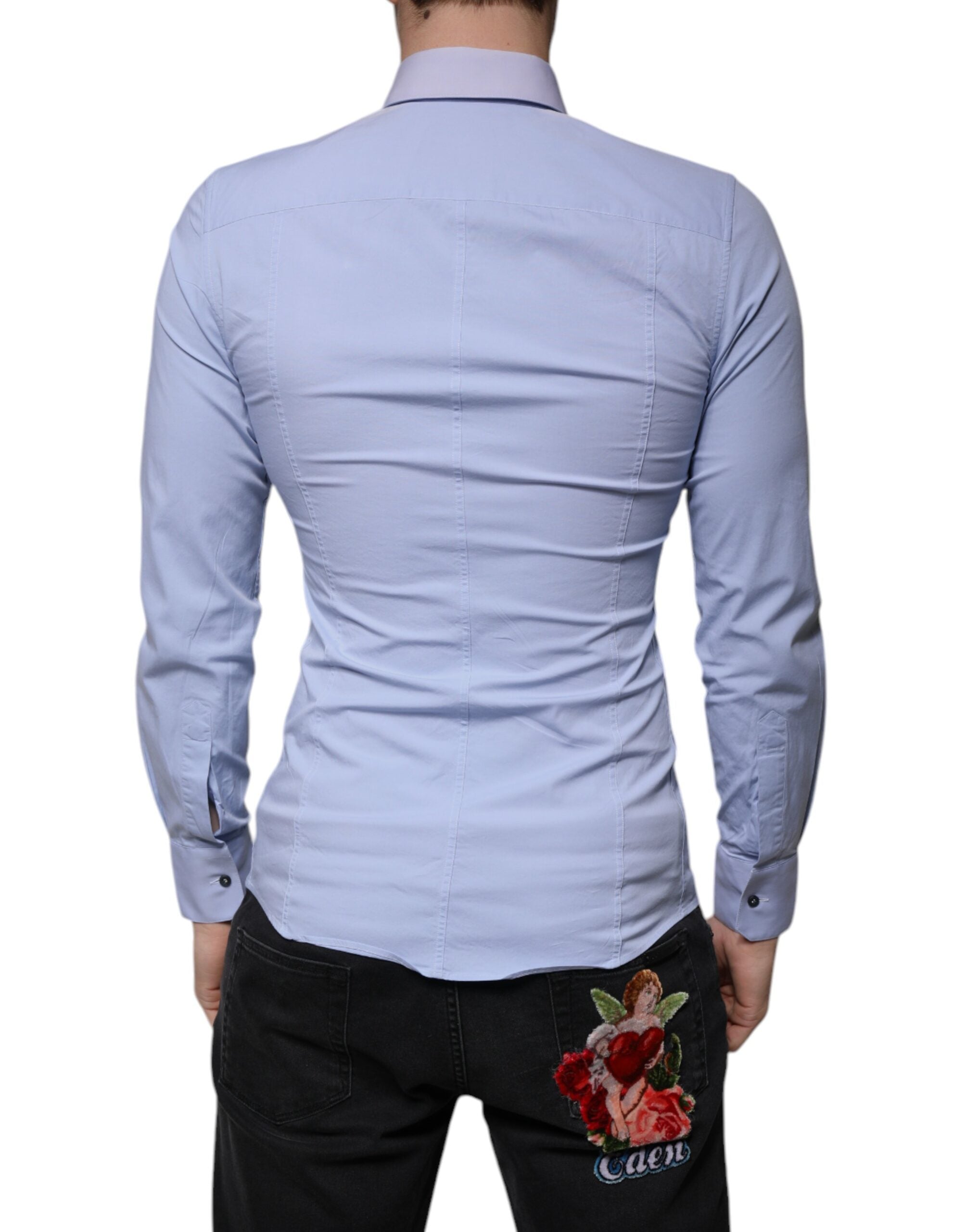 Chemise Dolce & Gabbana Light Blue en coton slim fit Sicilia, manches longues et col classique, vue de face.