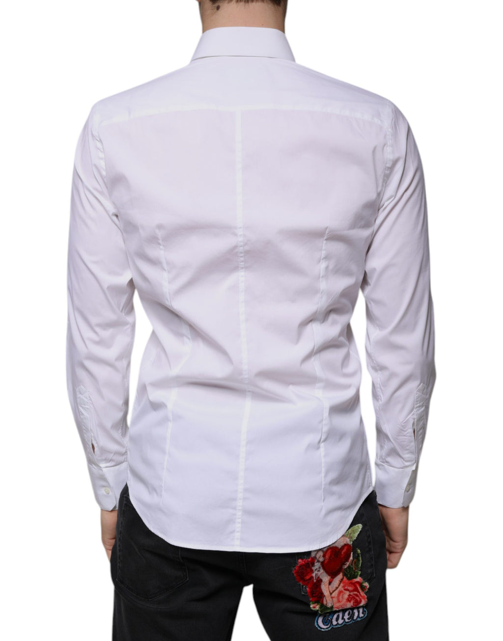 Chemise homme Dolce & Gabbana MARTINI en coton mélangé blanc, détail du col et des boutons, style élégant et classique.