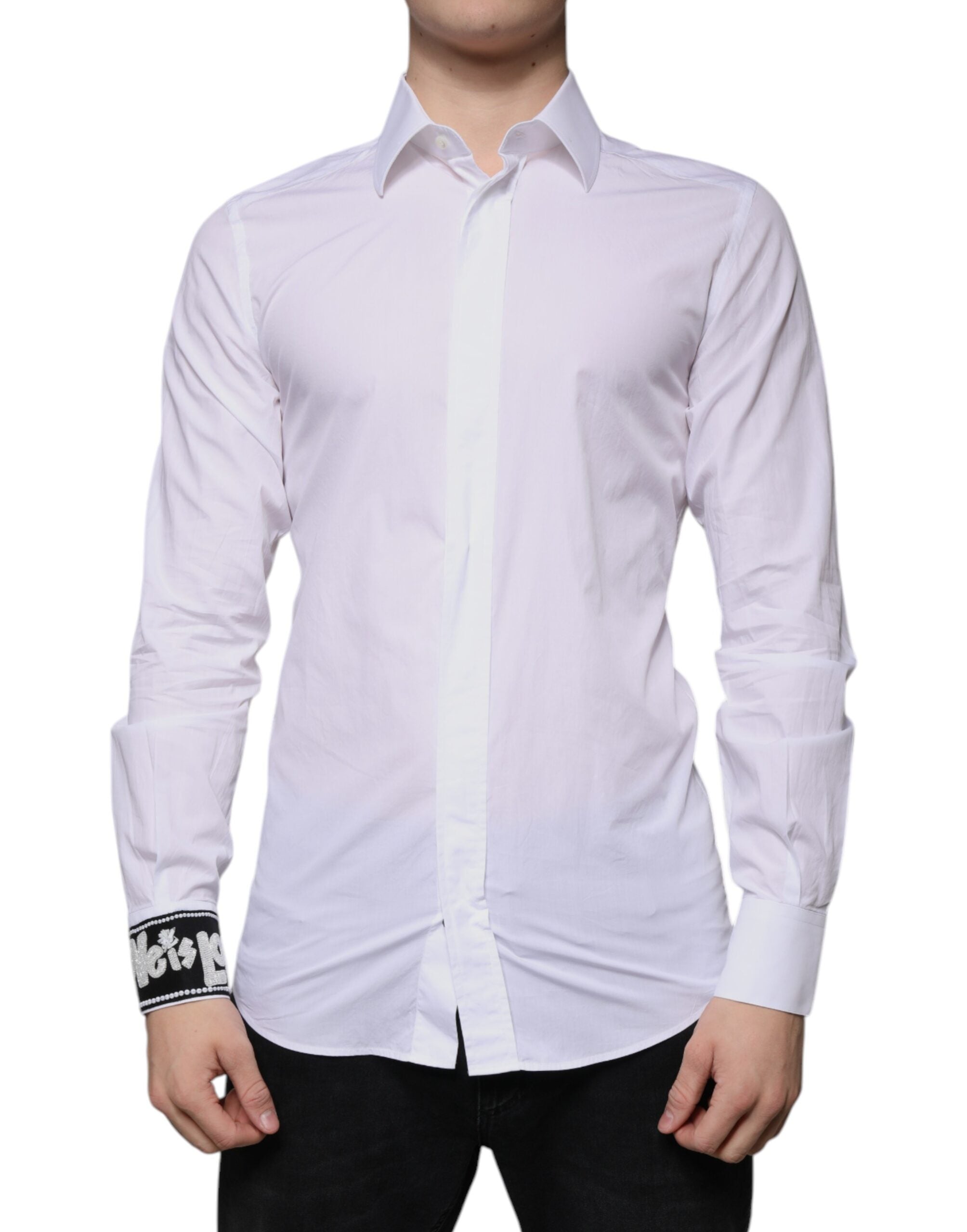 Chemise blanche en coton Dolce & Gabbana pour homme, coupe slim fit avec détails dorés, veste élégante et moderne.