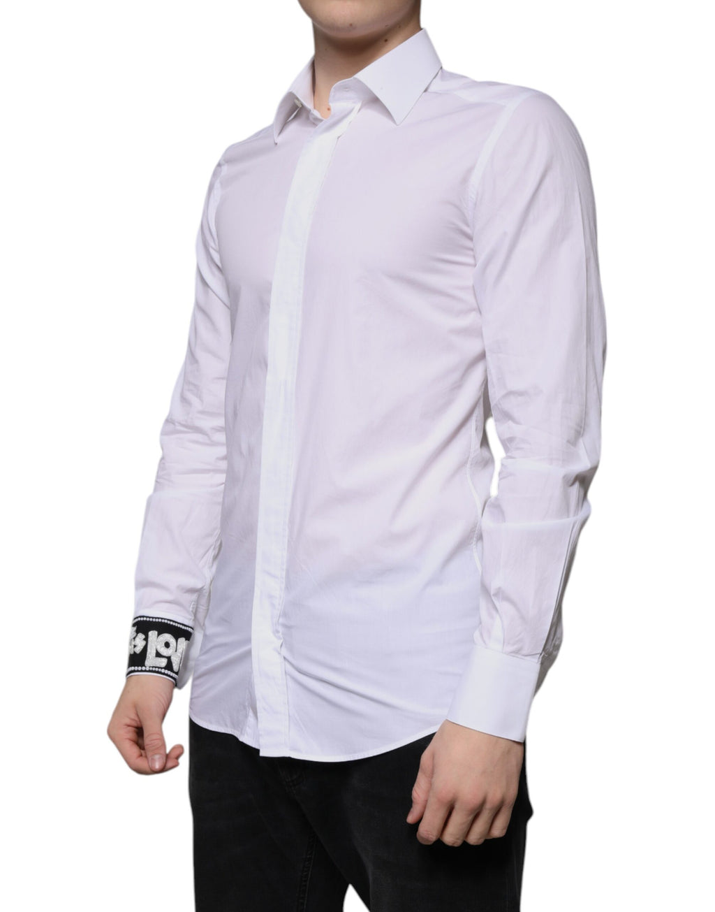 Chemise blanche en coton Dolce & Gabbana pour homme, coupe slim fit, finition élégante avec boutons dorés.