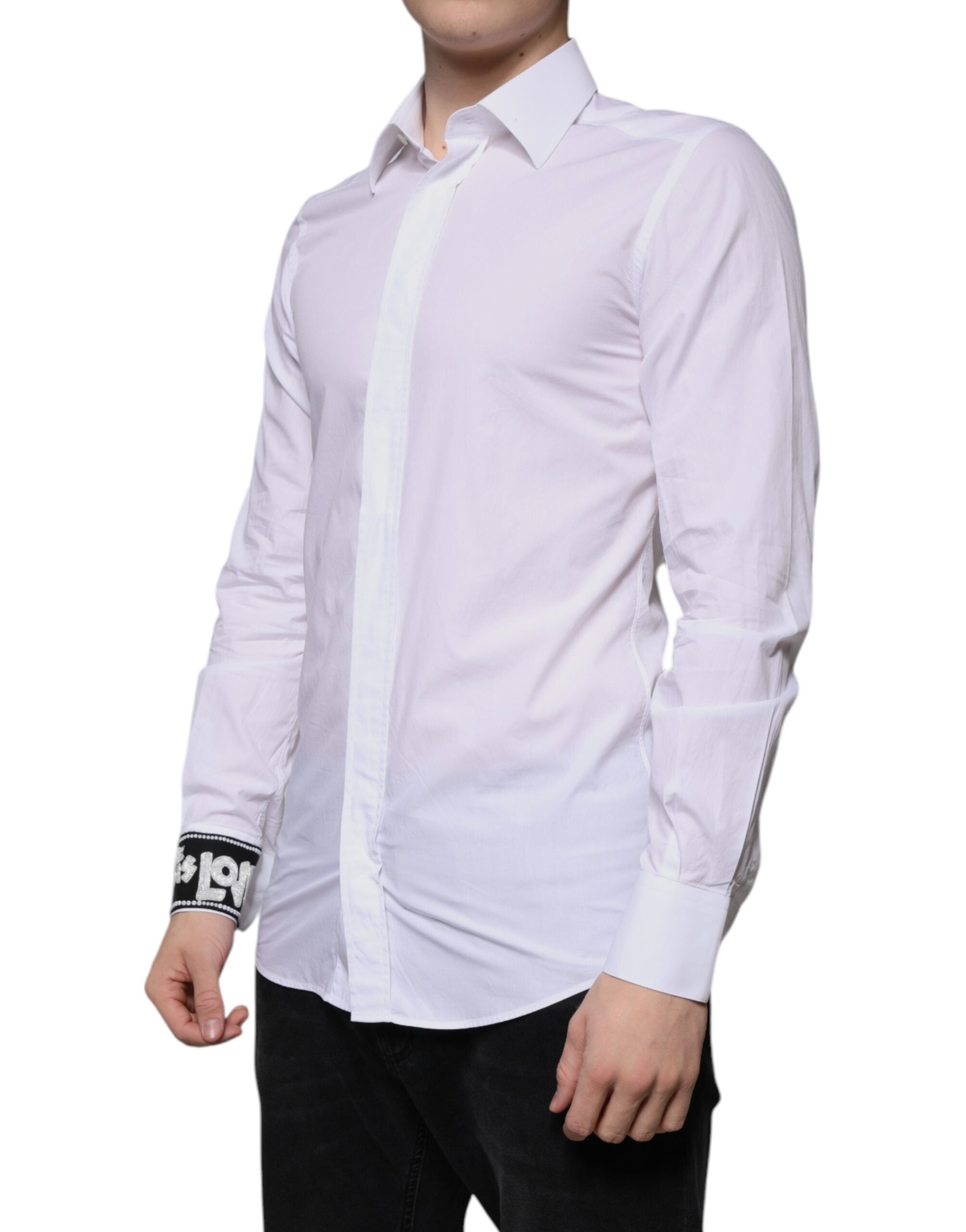 Chemise blanche en coton Dolce & Gabbana pour homme, coupe slim fit, finition élégante avec boutons dorés.