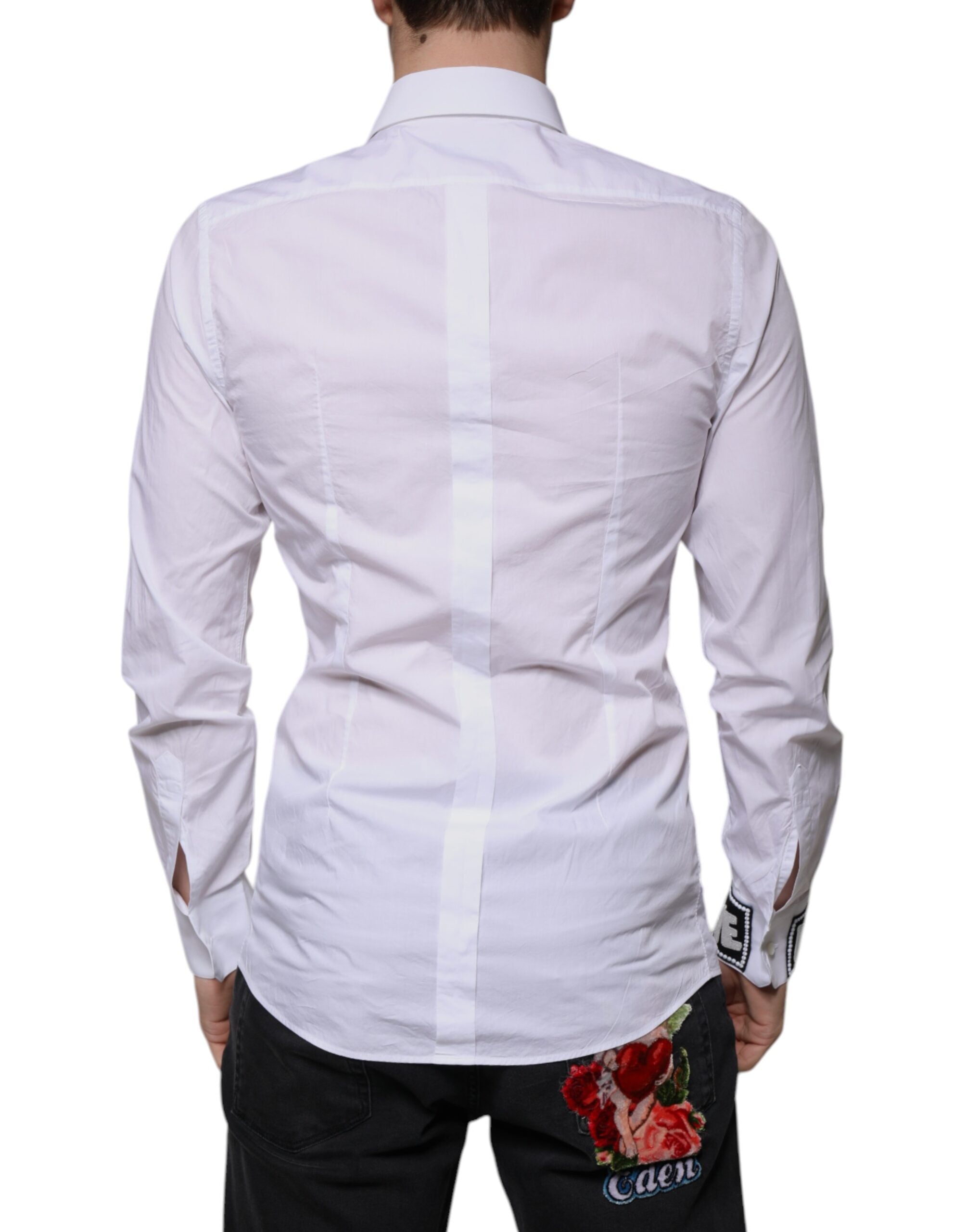 Chemise blanche en coton Dolce & Gabbana pour homme, coupe slim fit avec détails dorés, parfaite pour une tenue élégante.